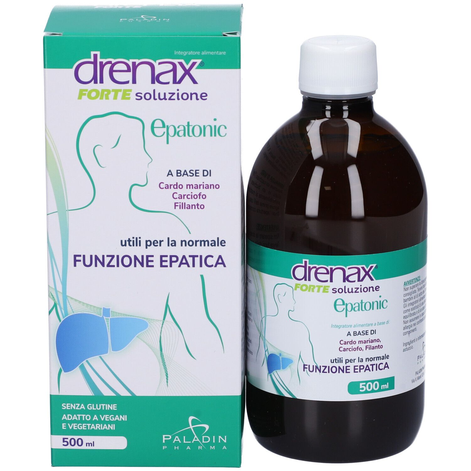 Produktverpackung und Flasche. Verpackung mit Produktnamen 'drenax forte epatonic' und Informationen. Flasche 500 ml.