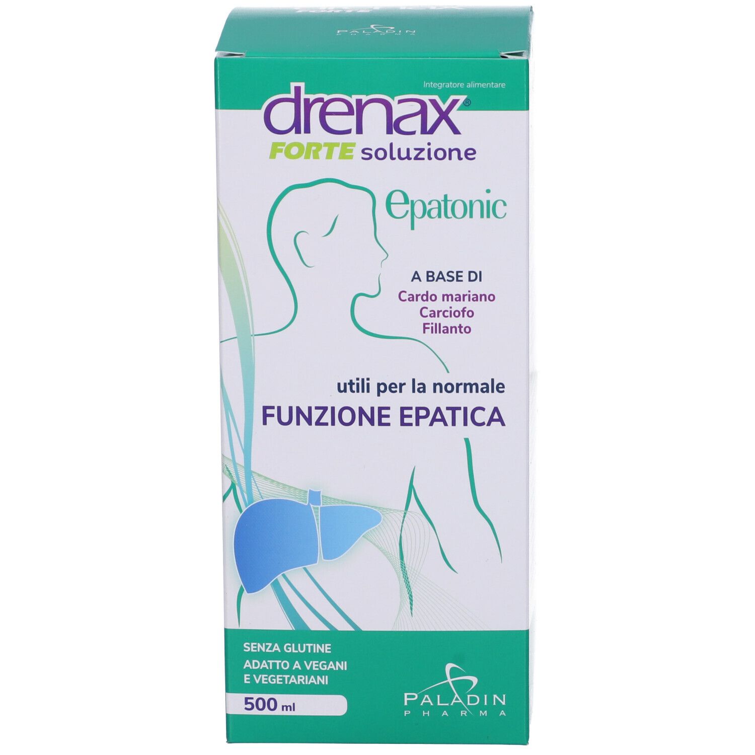 Produktverpackung. Verpackung mit Produktnamen 'drenax forte epatonic' und Informationen. 500 ml. Glutenfrei und vegan.