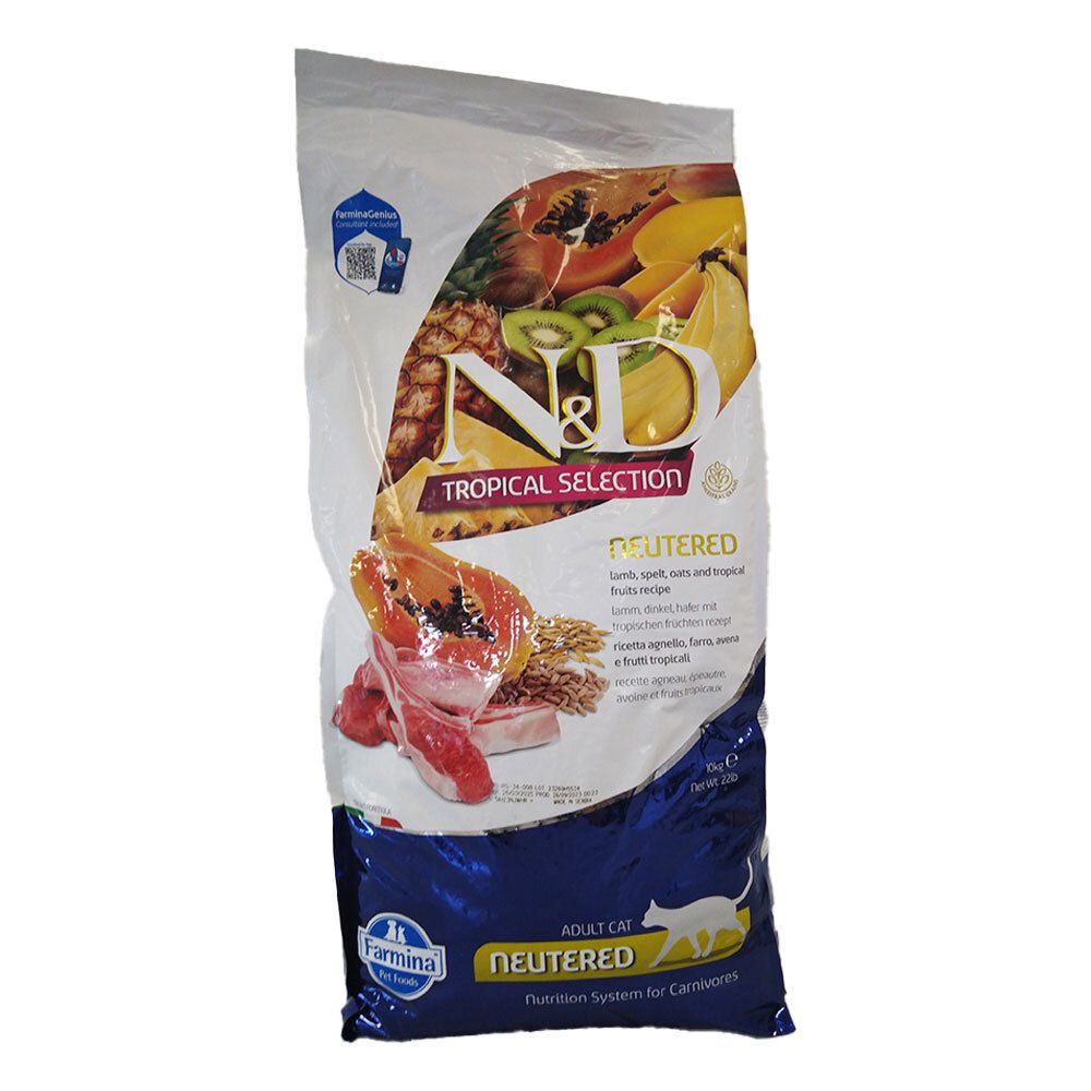 Farmina N&D Neutered Ricetta agnello, farro, avena e frutti tropicali.