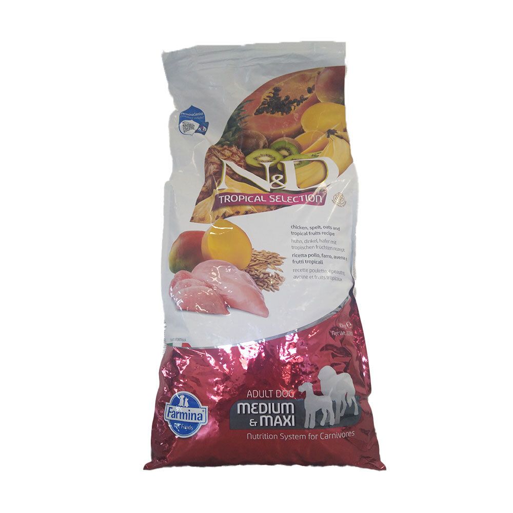 Sacchetto N&D Tropical Selection, Adult Dog, Medium & Maxi. Illustrazione di pollo, frutta. Logo Farmina.