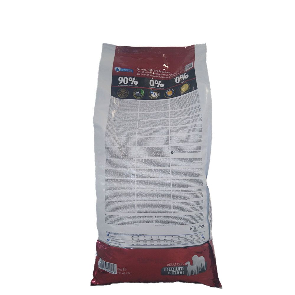 Retro del sacchetto N&D Tropical Selection. Testo, informazioni nutrizionali, loghi. Adult Dog, Medium & Maxi.