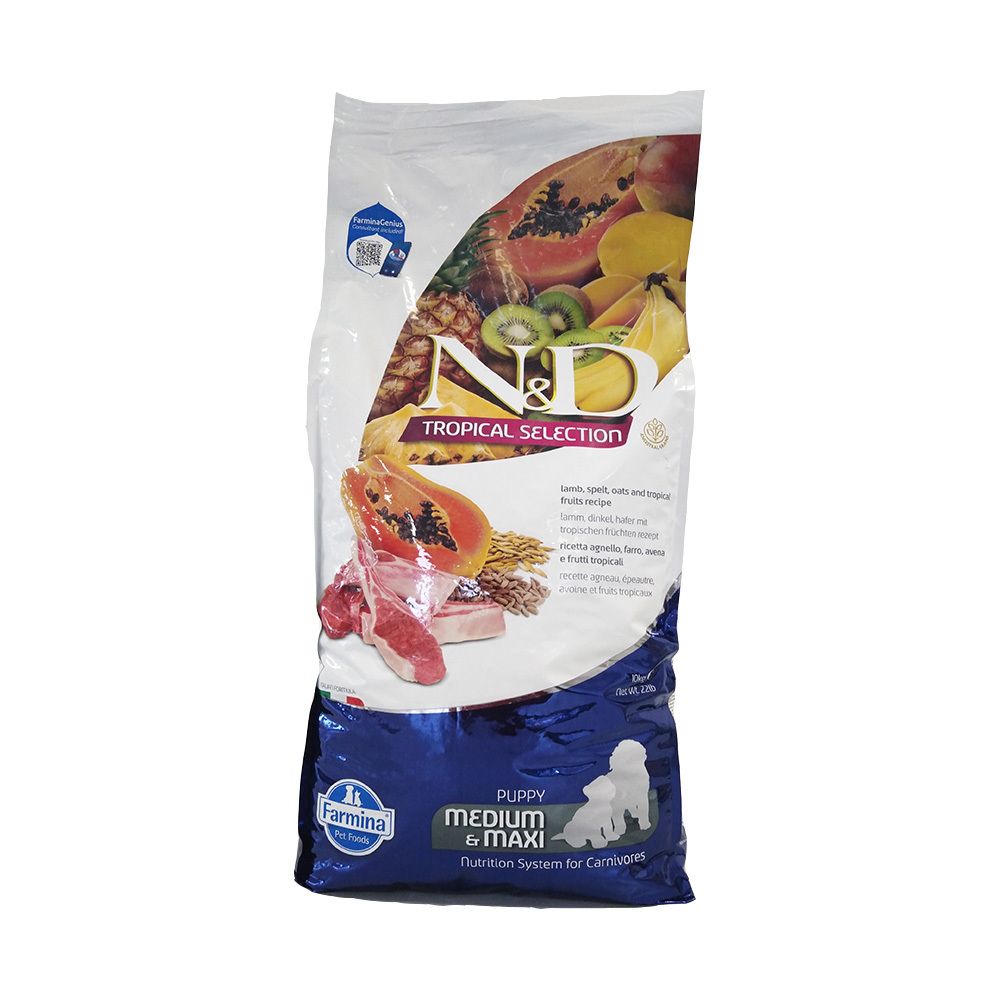 Sacchetto di cibo per cuccioli. Stampa con frutta, carne e logo. Testo: N&D Tropical Selection, Puppy Medium & Maxi.