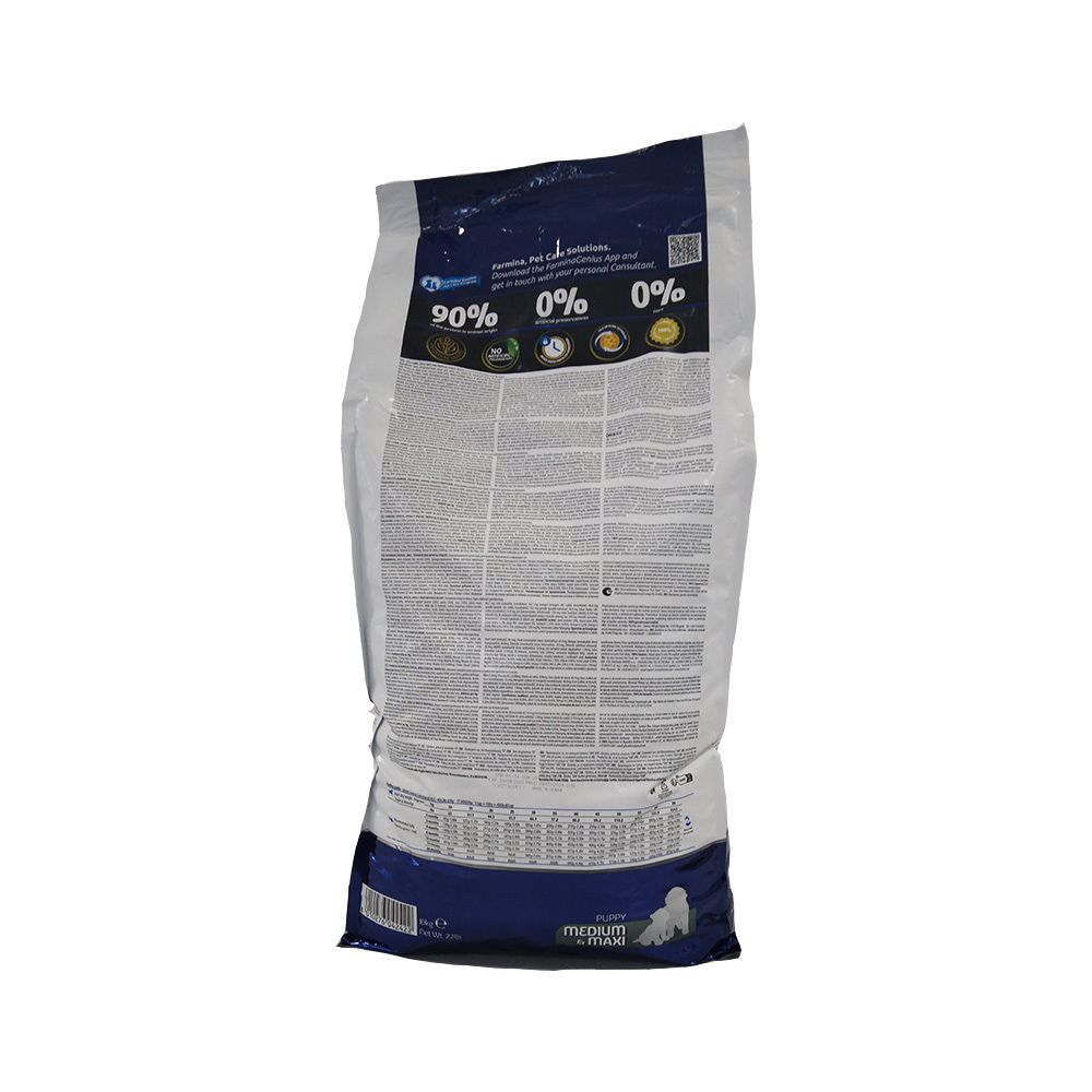 Retro di un sacco di cibo. Testo e loghi. Informazioni nutrizionali. Testo: Puppy Medium & Maxi.