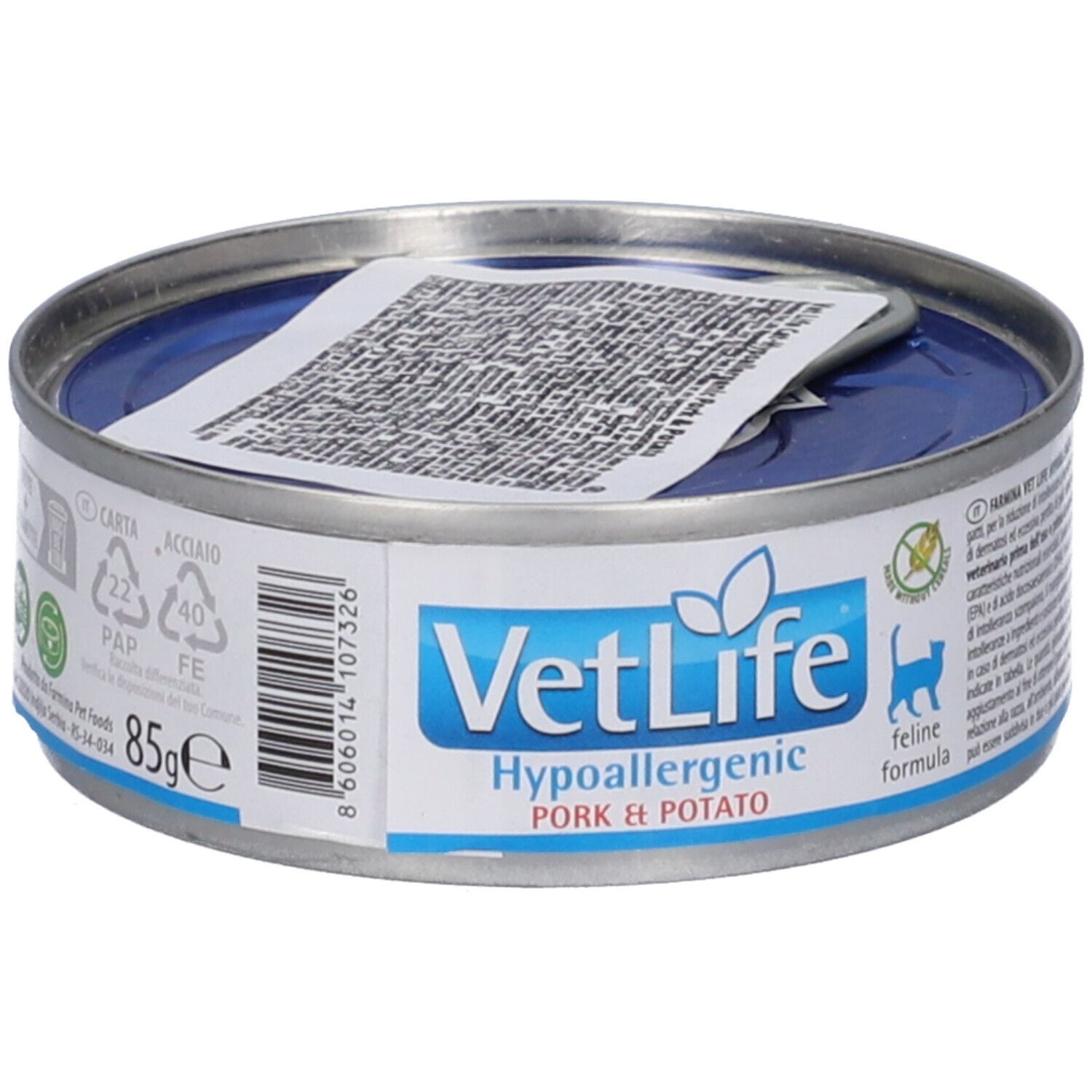 Runde Metall-Dose mit blauem Deckel. Aufschrift "VetLife Hypoallergenic Pork & Potato". 85g. Katze-Symbol.