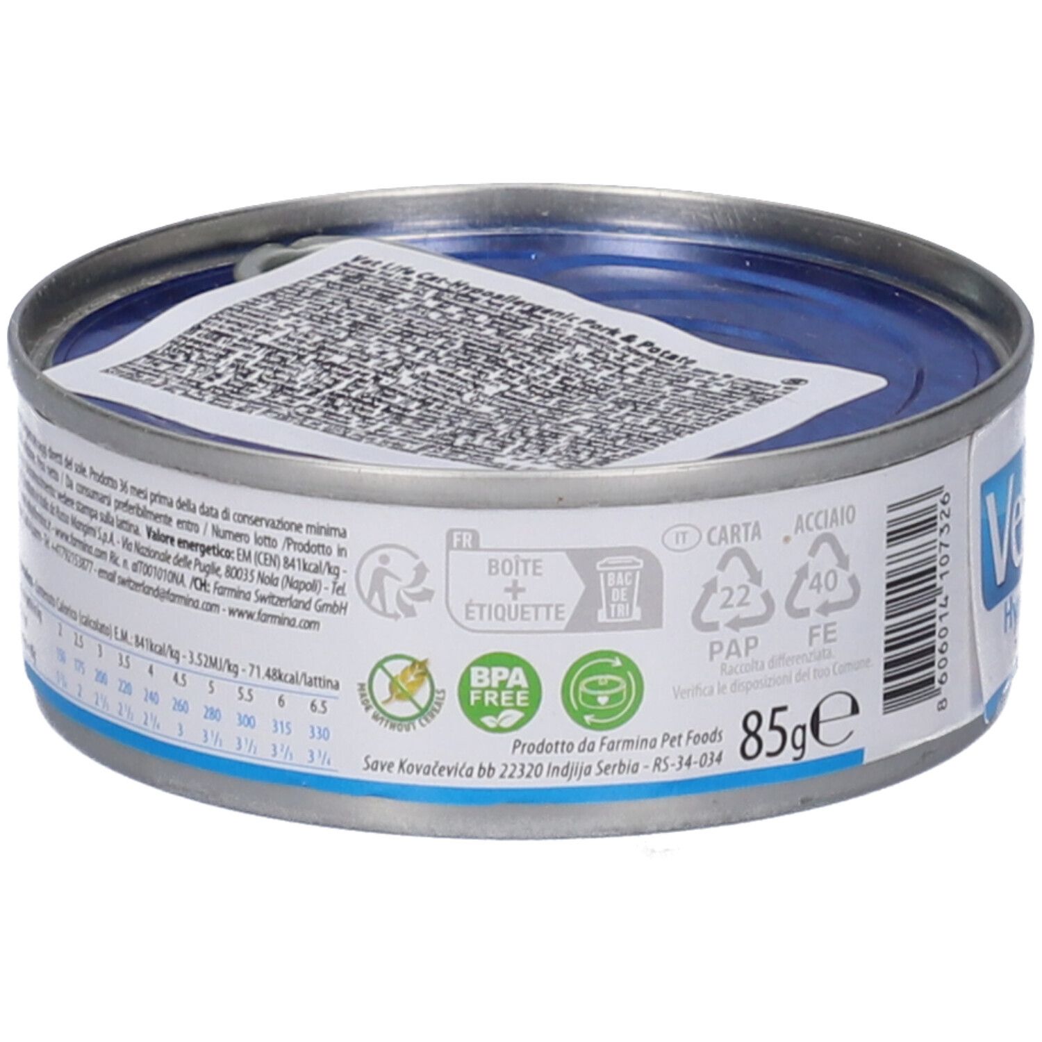 Runde Metall-Dose mit blauem Deckel. Rückseite mit Text und Recycling-Symbolen. 85g.