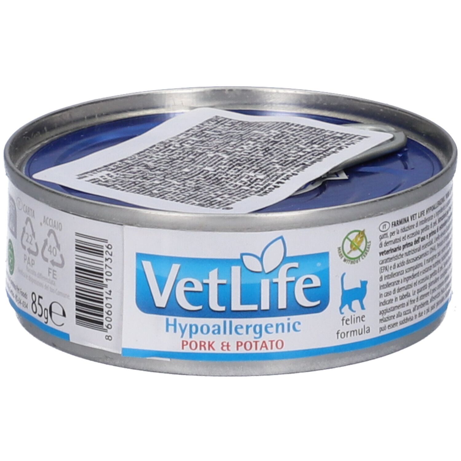 Runde Metall-Dose mit blauem Deckel. Aufschrift "VetLife Hypoallergenic Pork & Potato". 85g. Katze-Symbol.