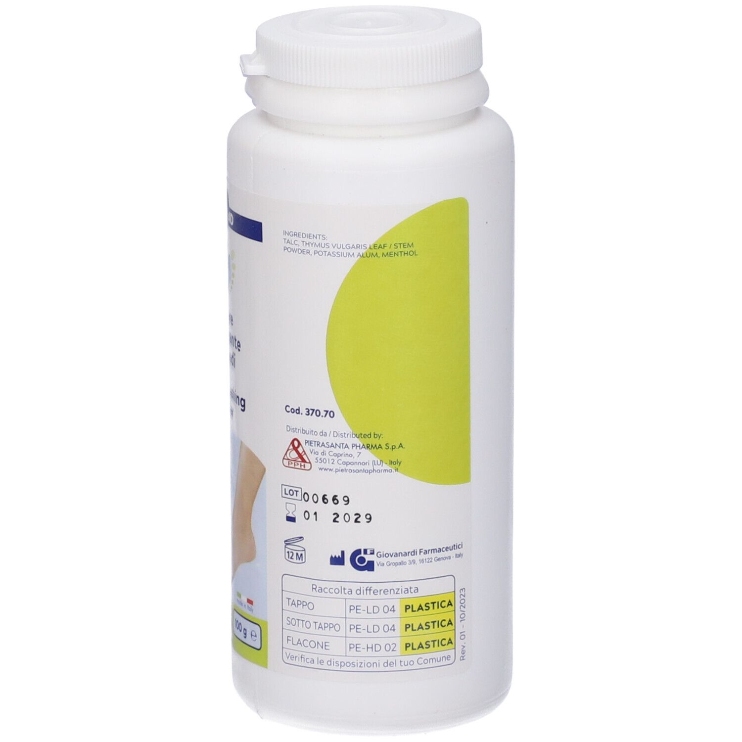 Rückseite der weißen Flasche. Aufschrift: Foot Care, Inhaltsstoffe, Chargennummer, Verfallsdatum.