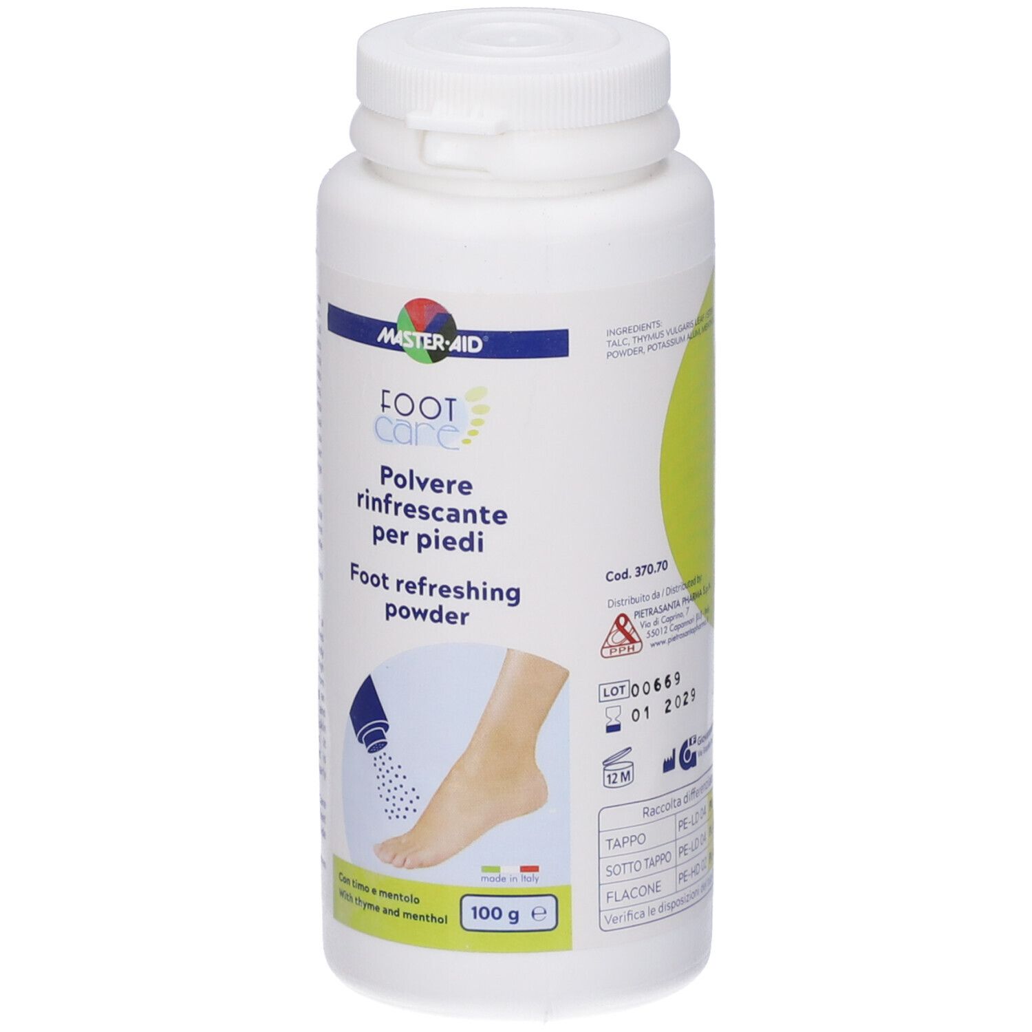 Weiße Flasche mit Fußpflegepuder. Aufschrift: Master-Aid Foot Care, Polvere rinfrescante per piedi, 100 g.