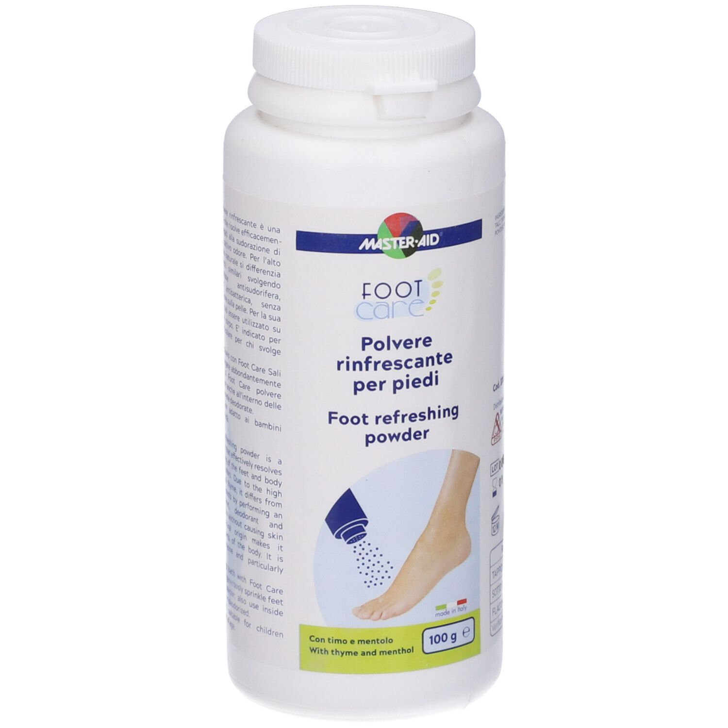 Weiße Flasche mit Fußpflegepuder. Aufschrift: Master-Aid Foot Care, Polvere rinfrescante per piedi, 100 g.