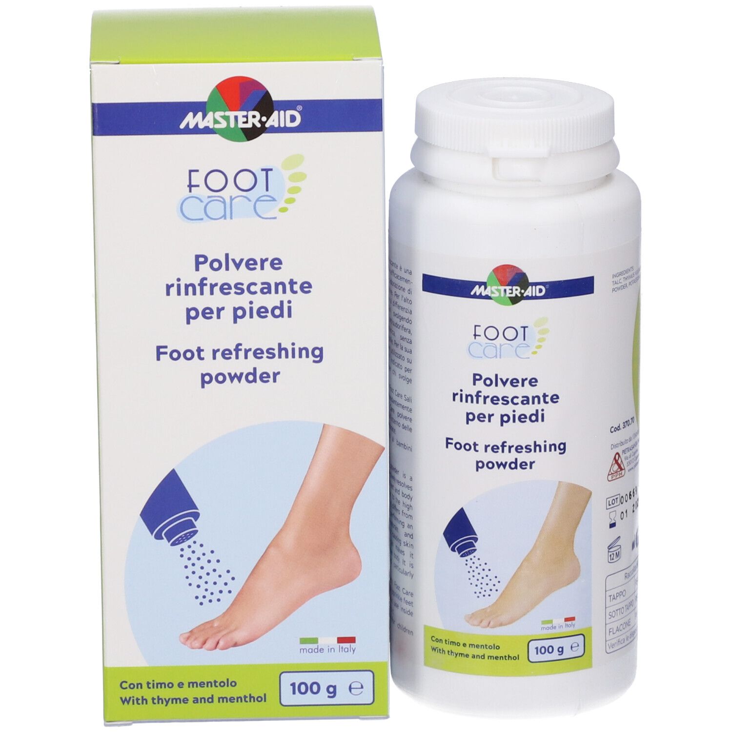 Produktverpackung und Flasche. Aufschrift: Master-Aid Foot Care, Polvere rinfrescante per piedi, 100 g.