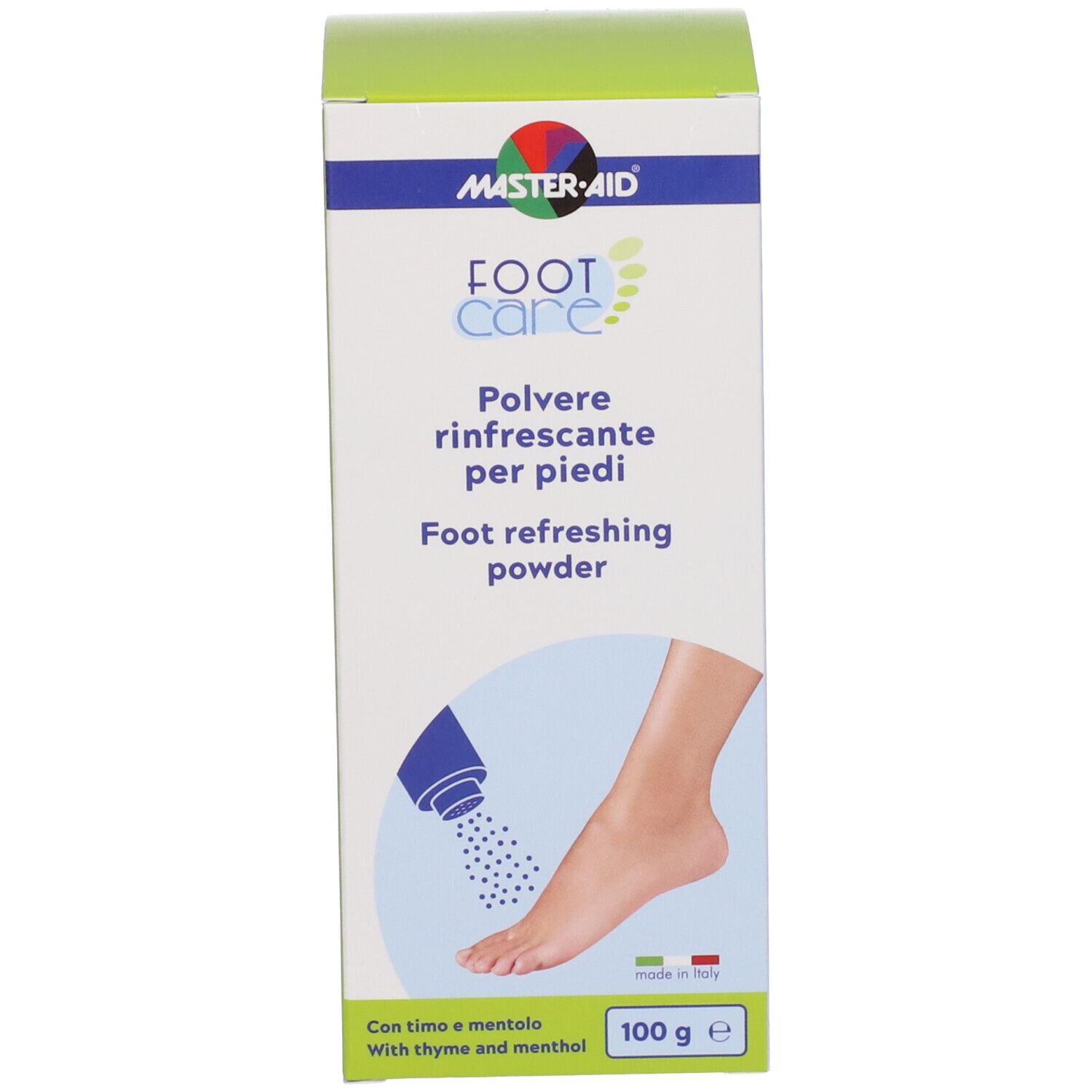 Produktverpackung. Aufschrift: Master-Aid Foot Care, Polvere rinfrescante per piedi, 100 g.