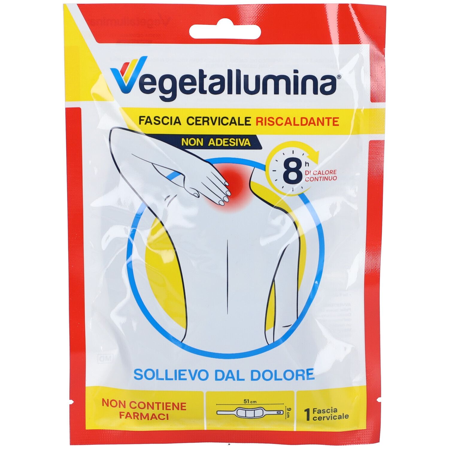 Verpackung mit Vegetallumina-Nackenbandage. Gelb-rotes Design mit Produktabbildung und Text. 8 Stunden Wärme.