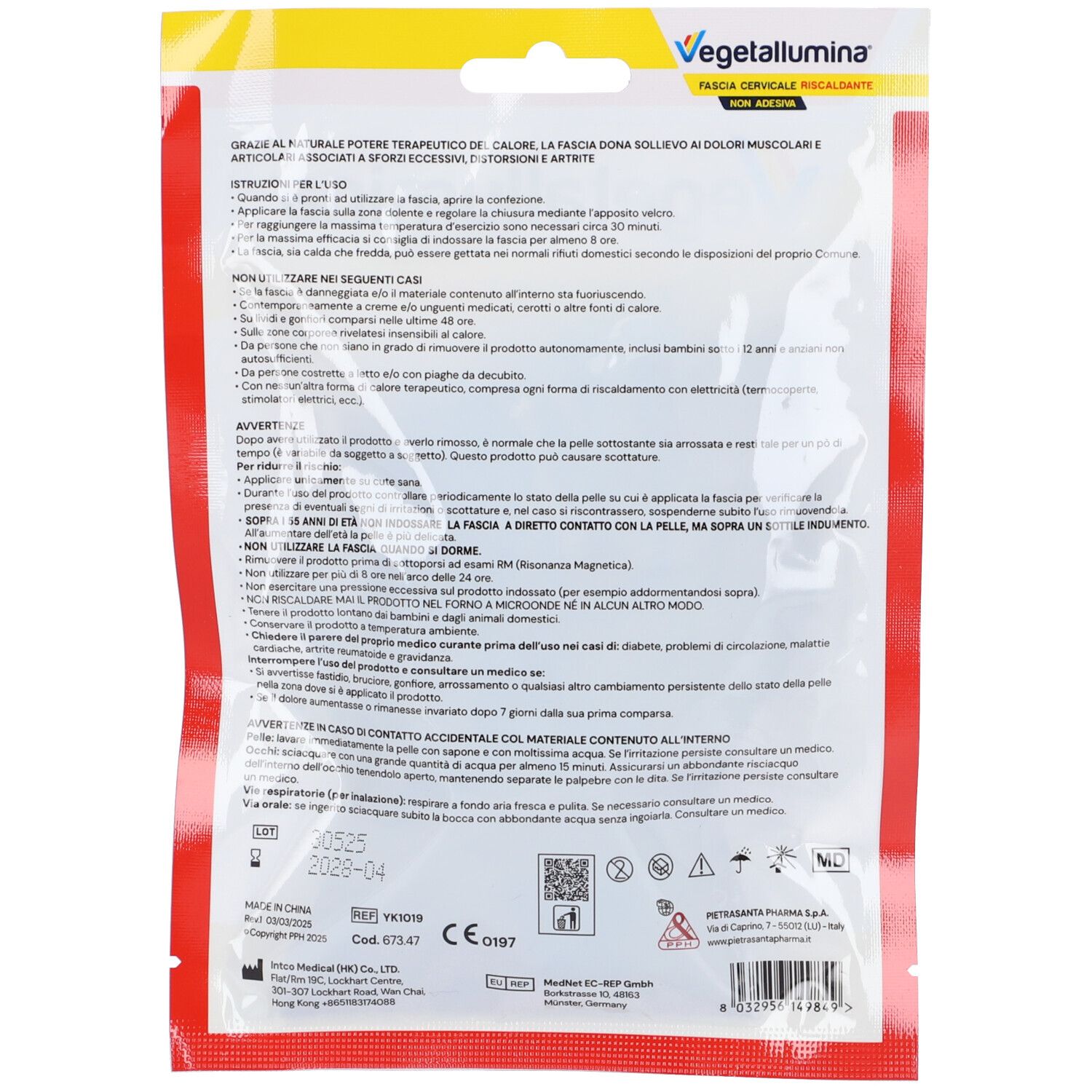 Rückseite der Vegetallumina-Verpackung. Text in italienischer Sprache. Enthält Informationen und Warnhinweise.