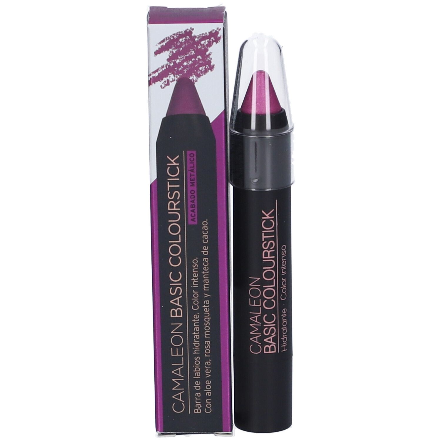 Rossetto Camaleon Basic Colourstick Viola Metallizzato, con confezione. Stick nero, punta viola, cappuccio trasparente. Testo.