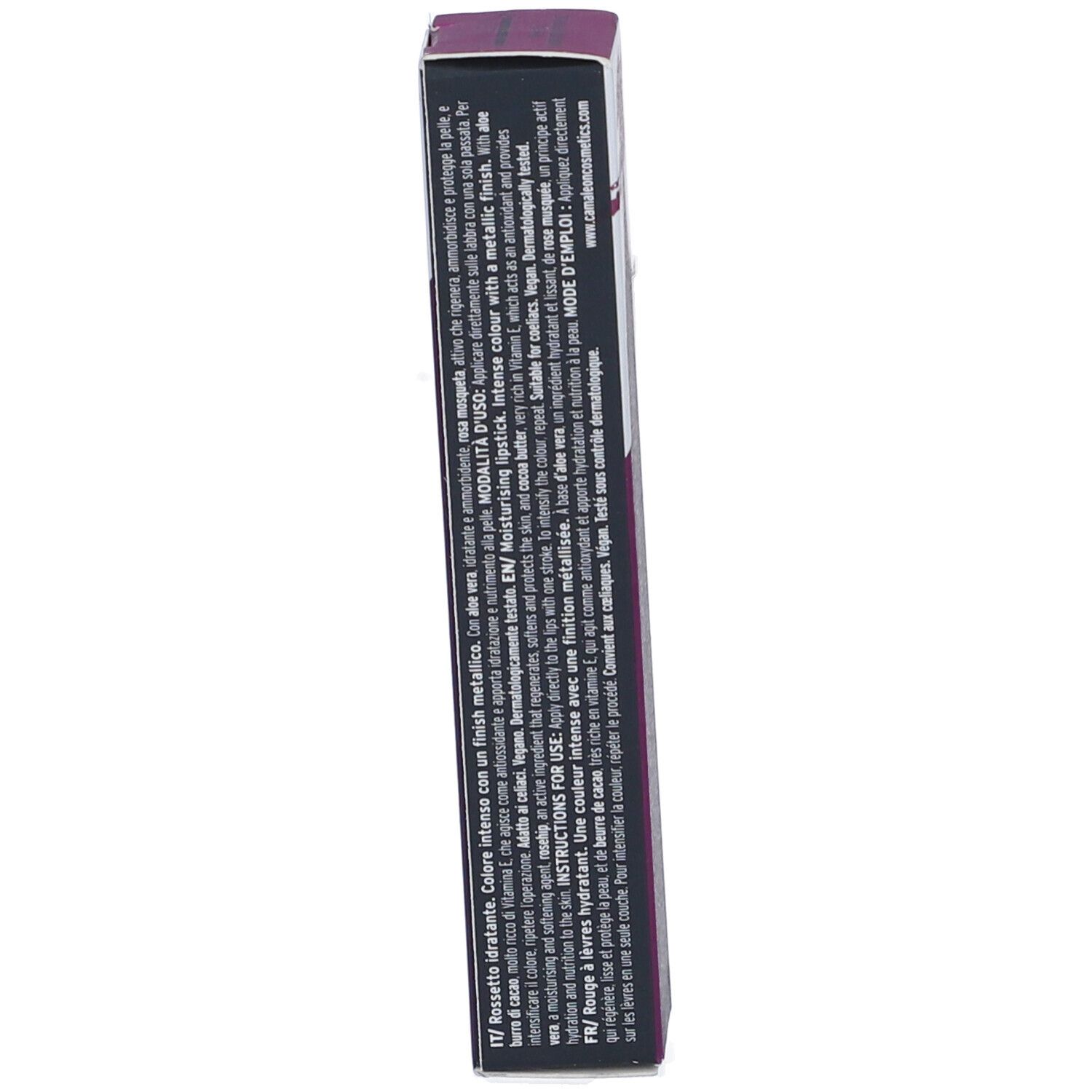 Confezione del rossetto Camaleon Basic Colourstick Viola Metallizzato. Testo sulla confezione, principalmente in italiano.