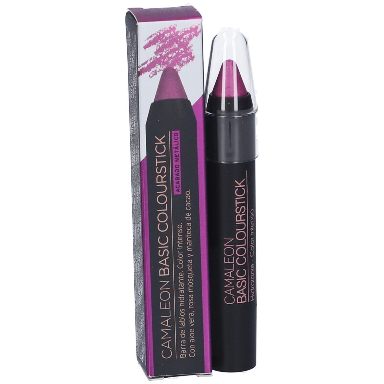 Rossetto Camaleon Basic Colourstick Viola Metallizzato, con confezione. Stick nero, punta viola, cappuccio trasparente. Testo.