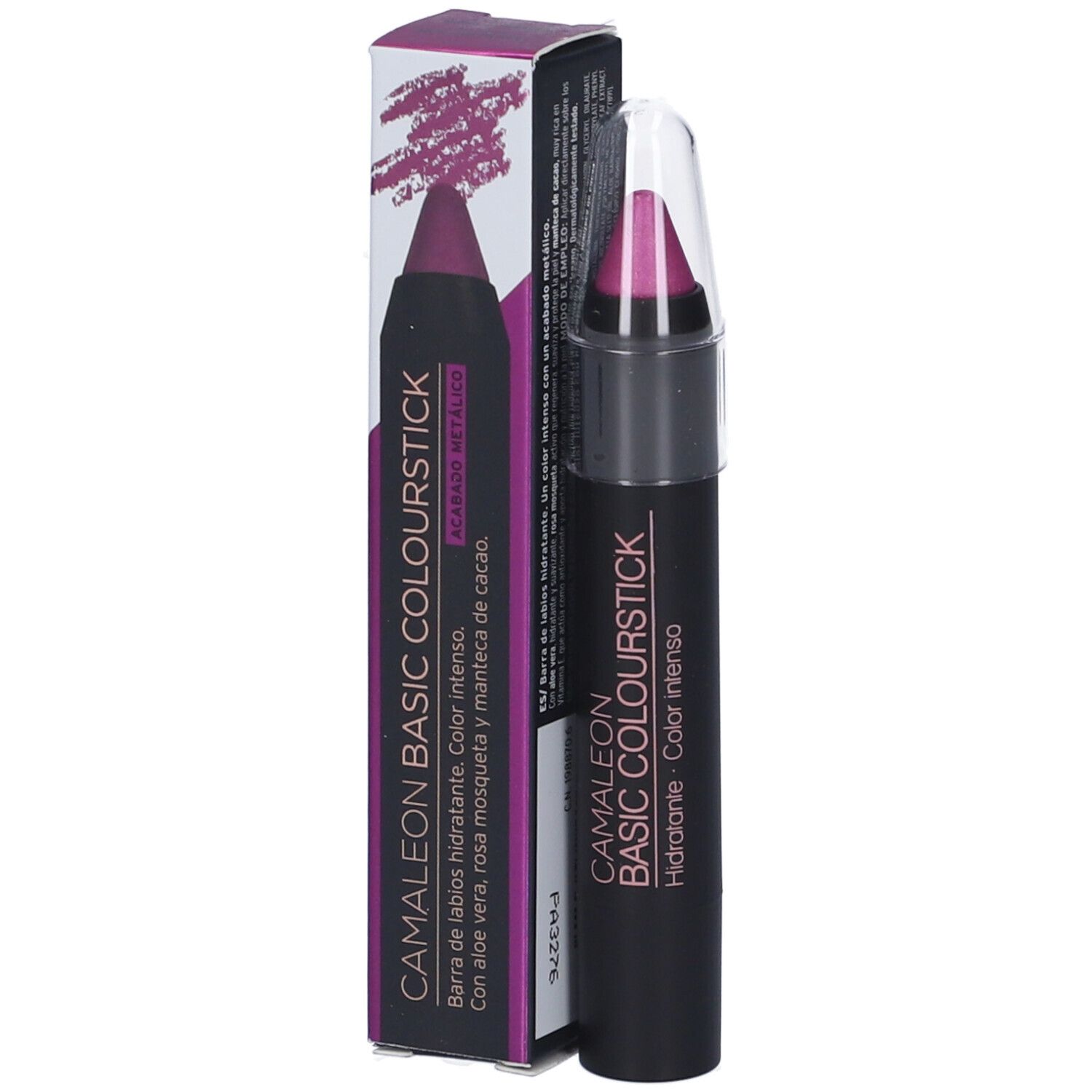 Rossetto Camaleon Basic Colourstick Viola Metallizzato, con confezione. Stick nero, punta viola, cappuccio trasparente. Testo.