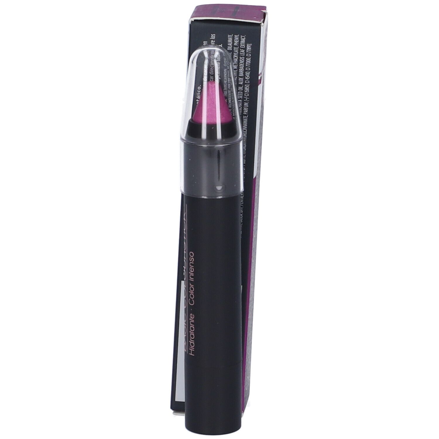 Rossetto Camaleon Basic Colourstick Viola Metallizzato, con confezione. Stick nero, punta viola, cappuccio trasparente. Testo.