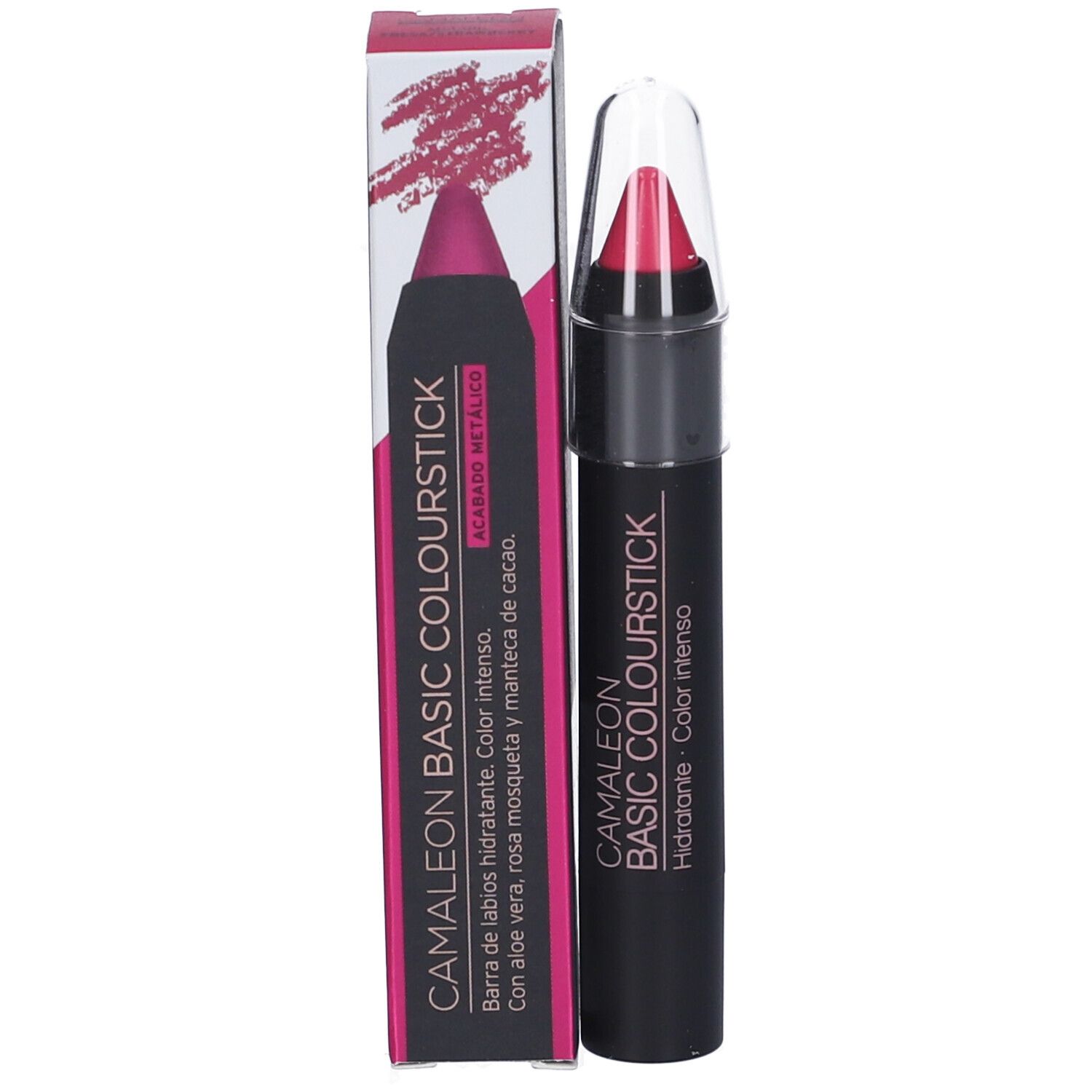 Rossetto con confezione. Stick nero, cappuccio trasparente, rossetto rosa. Confezione con testo.