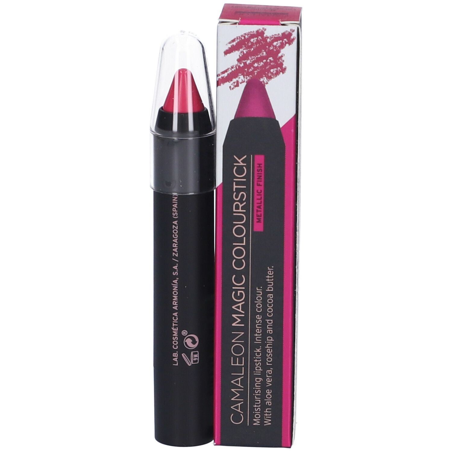 Rossetto con confezione. Stick nero, cappuccio trasparente, rossetto rosa. Confezione con testo.