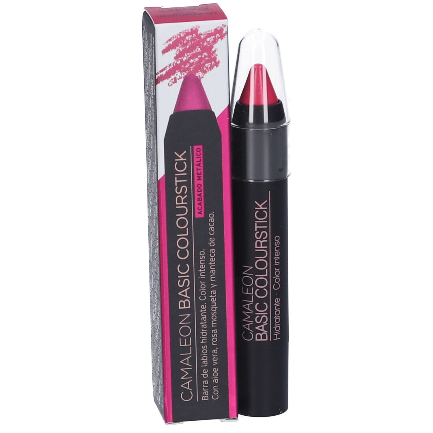 Rossetto con confezione. Stick nero, cappuccio trasparente, rossetto rosa. Confezione con testo.