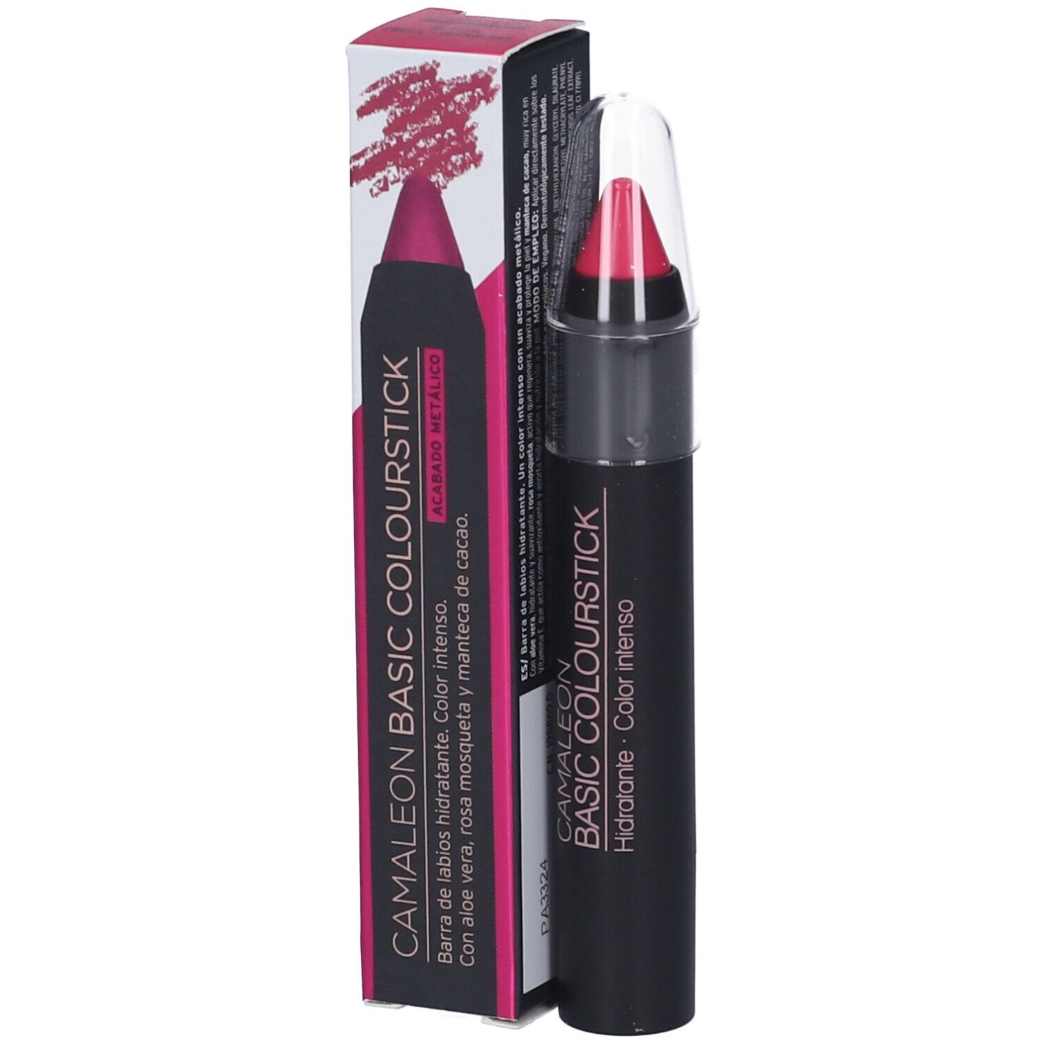 Rossetto con confezione. Stick nero, cappuccio trasparente, rossetto rosa. Confezione con testo.