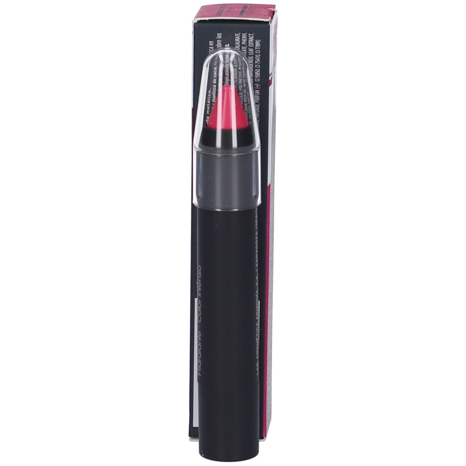 Rossetto con confezione. Stick nero, cappuccio trasparente, rossetto rosa. Confezione con testo.