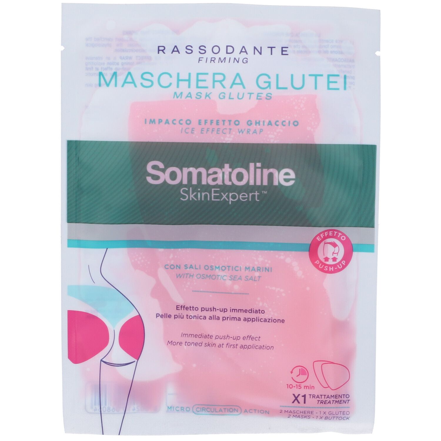 Confezione del prodotto. Scritta: Somatoline SkinExpert Maschera Glutei. Maschera rosa, illustrazione di un fondoschiena.