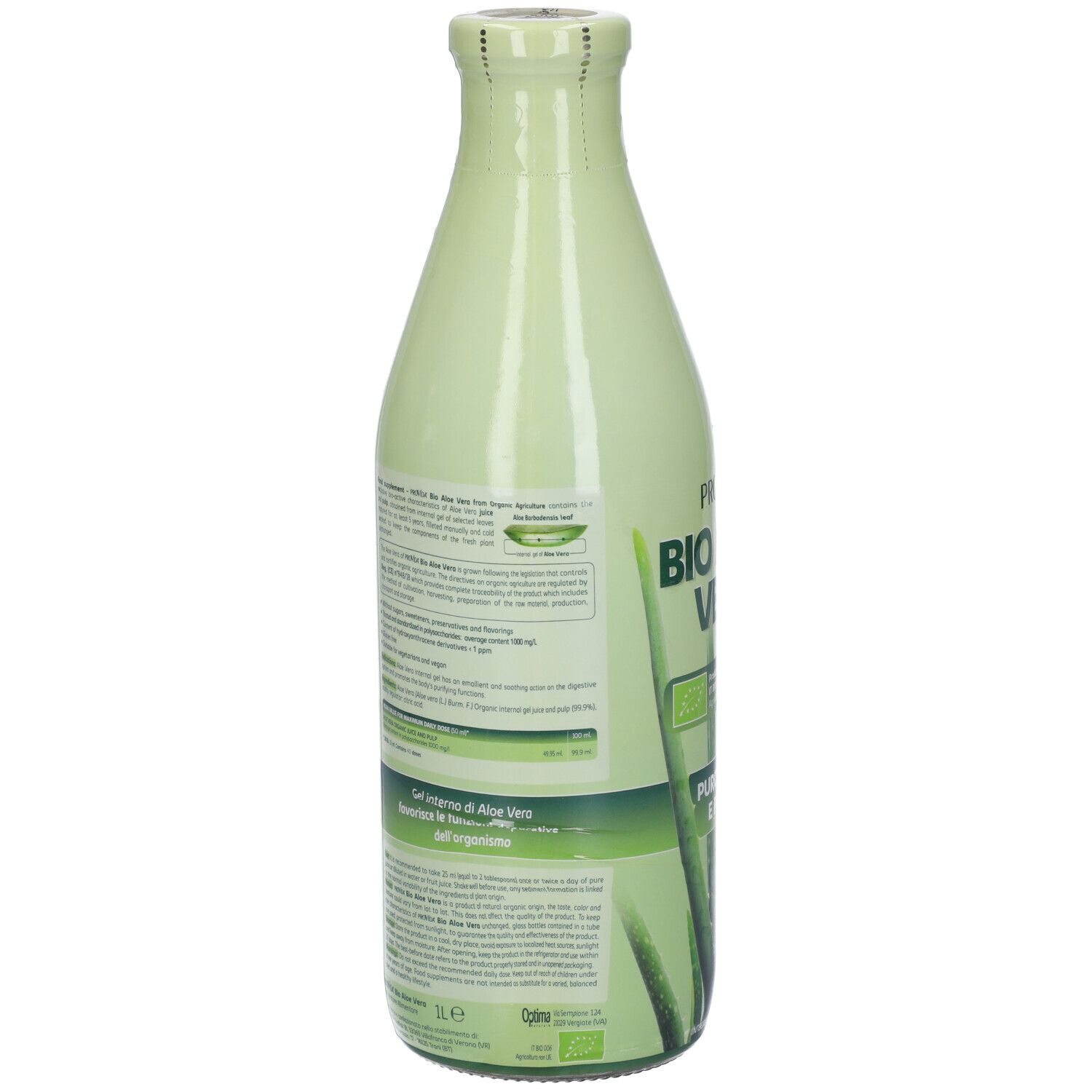 Retro bottiglia verde Provída Bio Aloe Vera. Sezioni di testo e certificazione biologica.