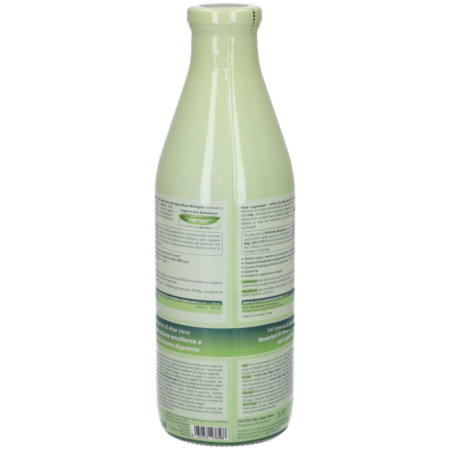 Retro bottiglia verde Provída Bio Aloe Vera. Sezioni di testo e certificazione biologica.