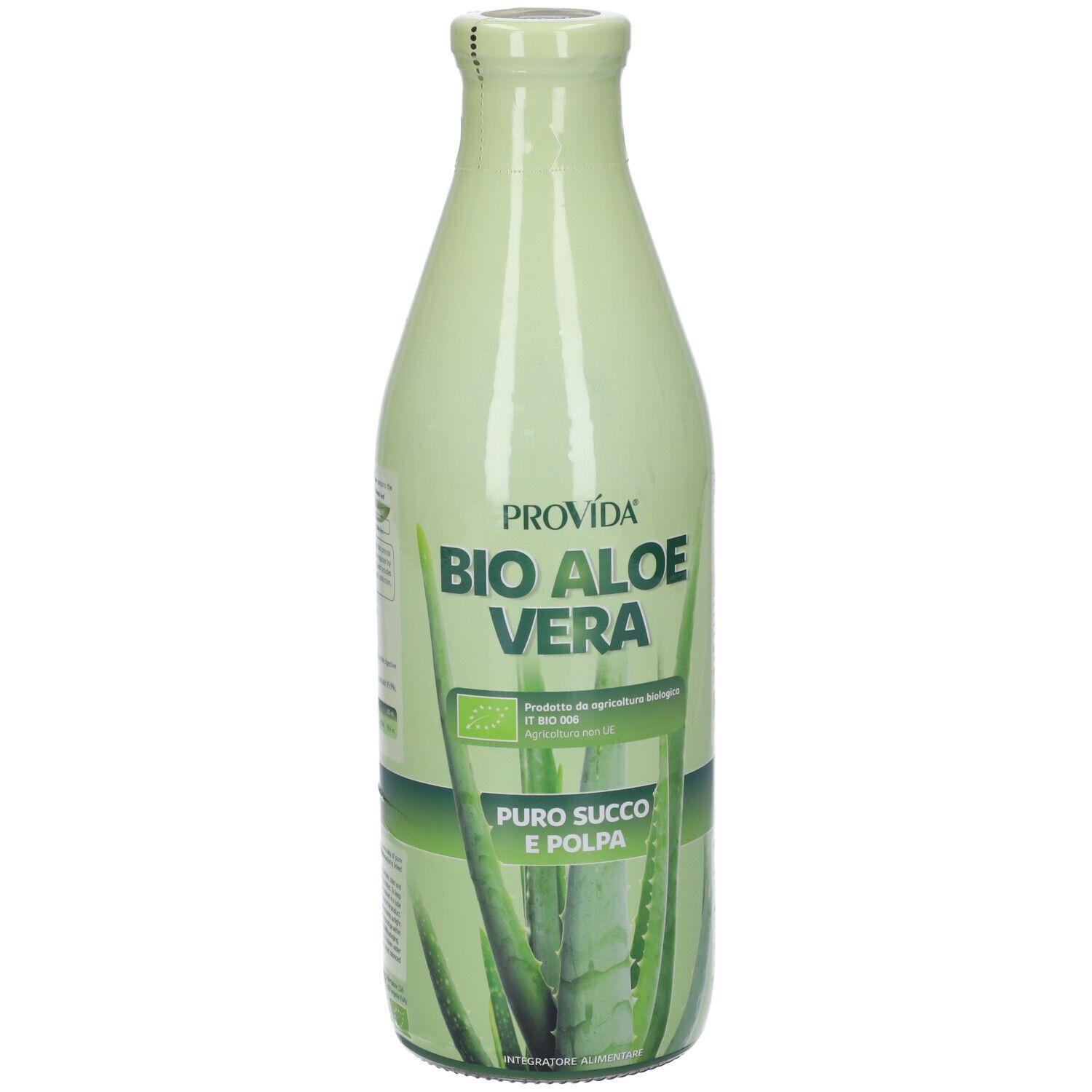 Bottiglia verde Provída Bio Aloe Vera. Scritta: Puro succo e polpa. Certificazione biologica.