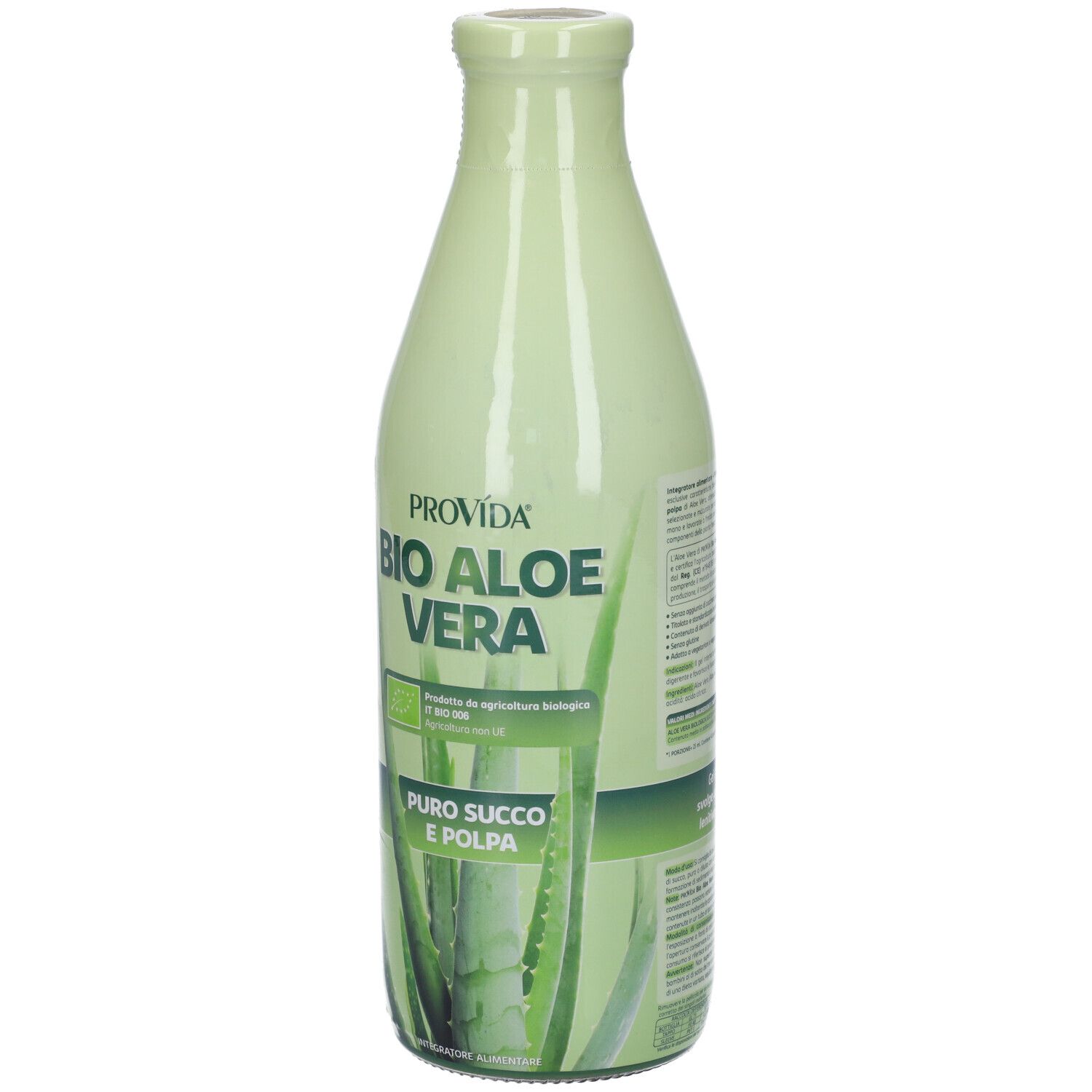 Bottiglia verde Provída Bio Aloe Vera. Scritta: Puro succo e polpa. Certificazione biologica.
