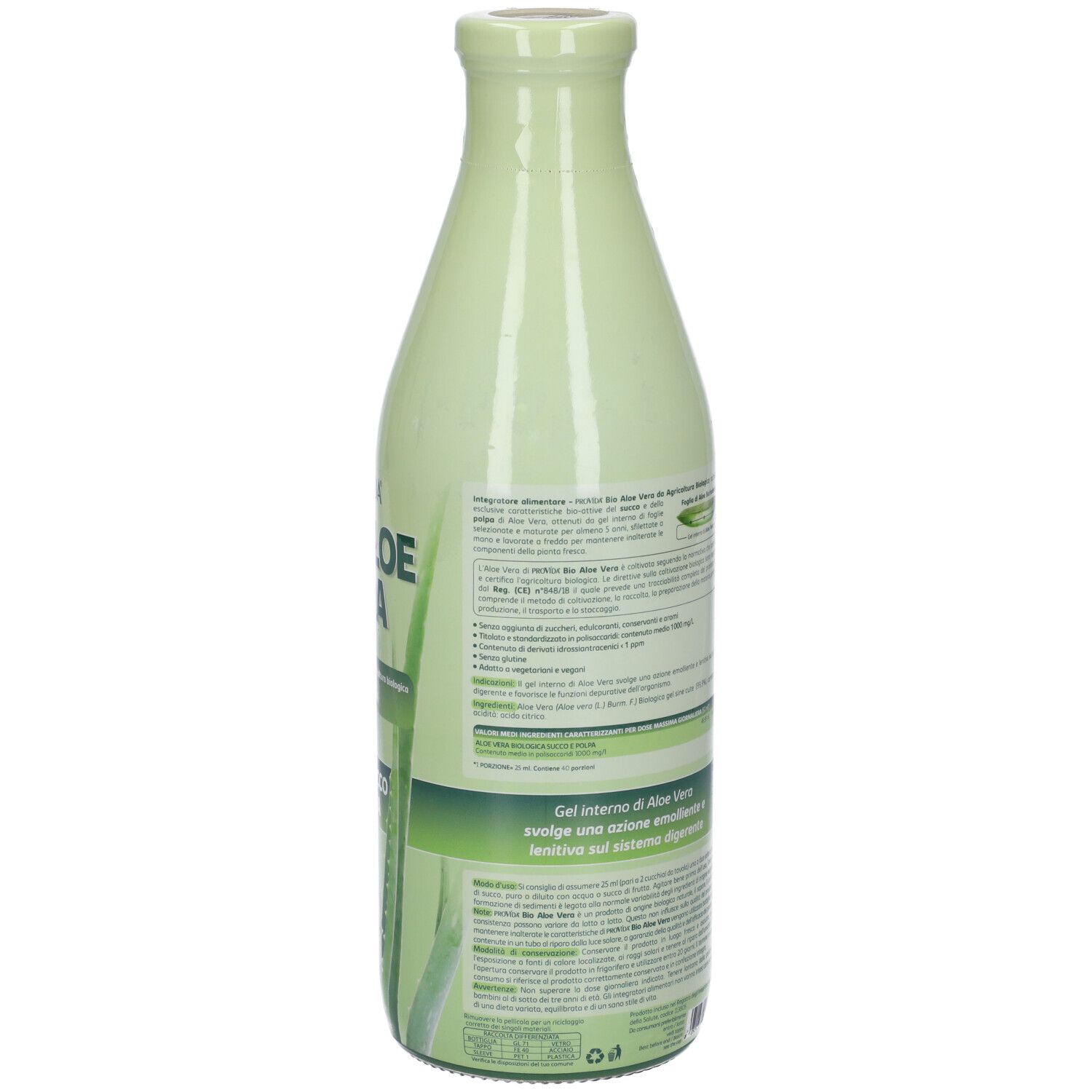 Retro bottiglia verde Provída Bio Aloe Vera. Sezioni di testo e certificazione biologica.