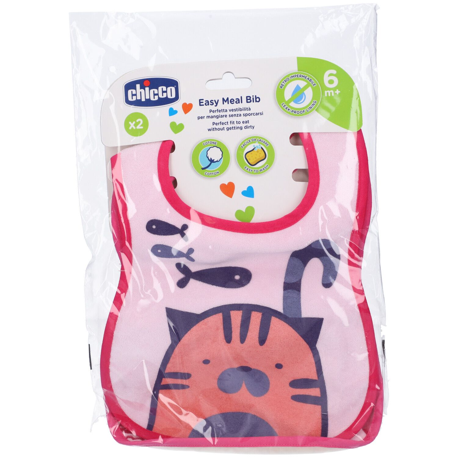 Bavaglino rosa con motivo gatto, confezionato. Marca Chicco, 6+ mesi. Due pezzi. Confezione trasparente.