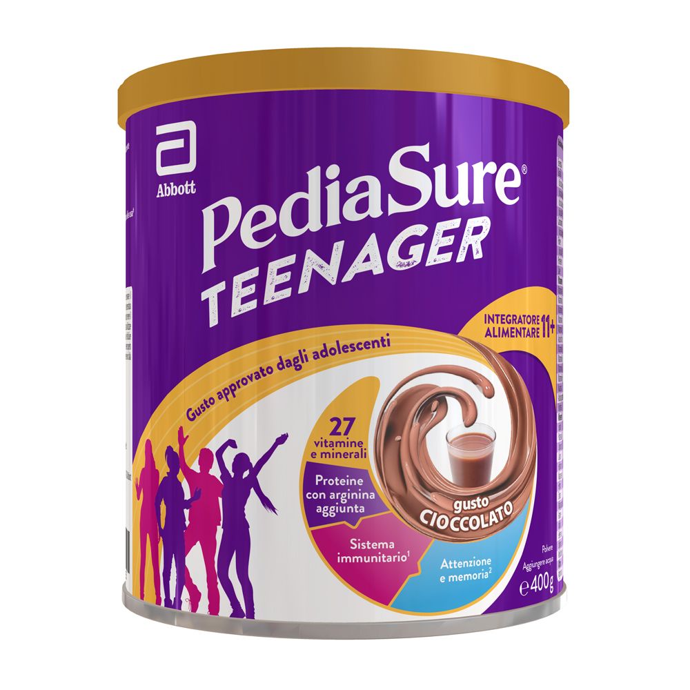 Barattolo viola con coperchio dorato. Scritta: PediaSure Teenager, Gusto Cioccolato. Contiene 27 vitamine e minerali.