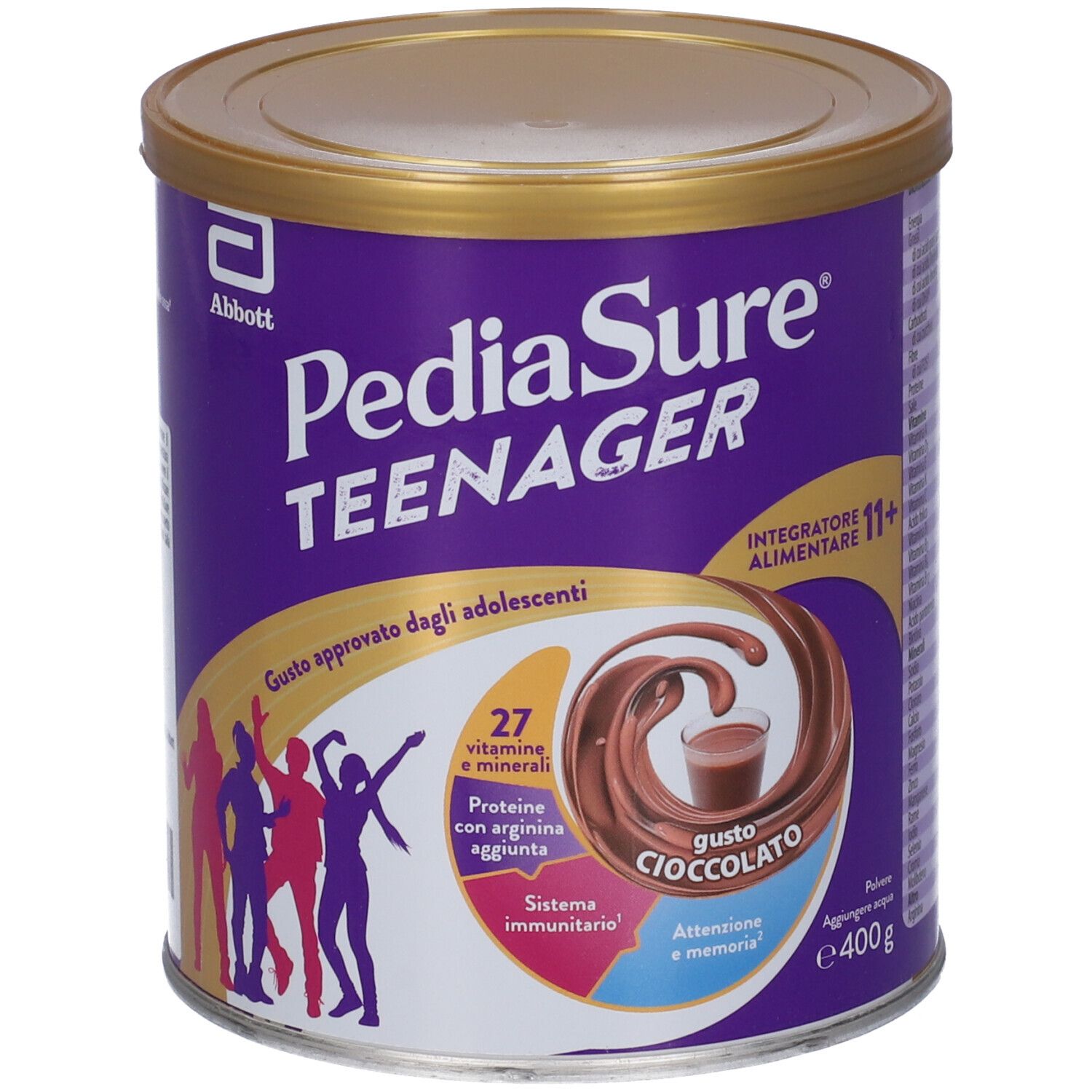 Barattolo viola con coperchio dorato. Scritta: PediaSure Teenager, Gusto Cioccolato. Contiene 27 vitamine e minerali.