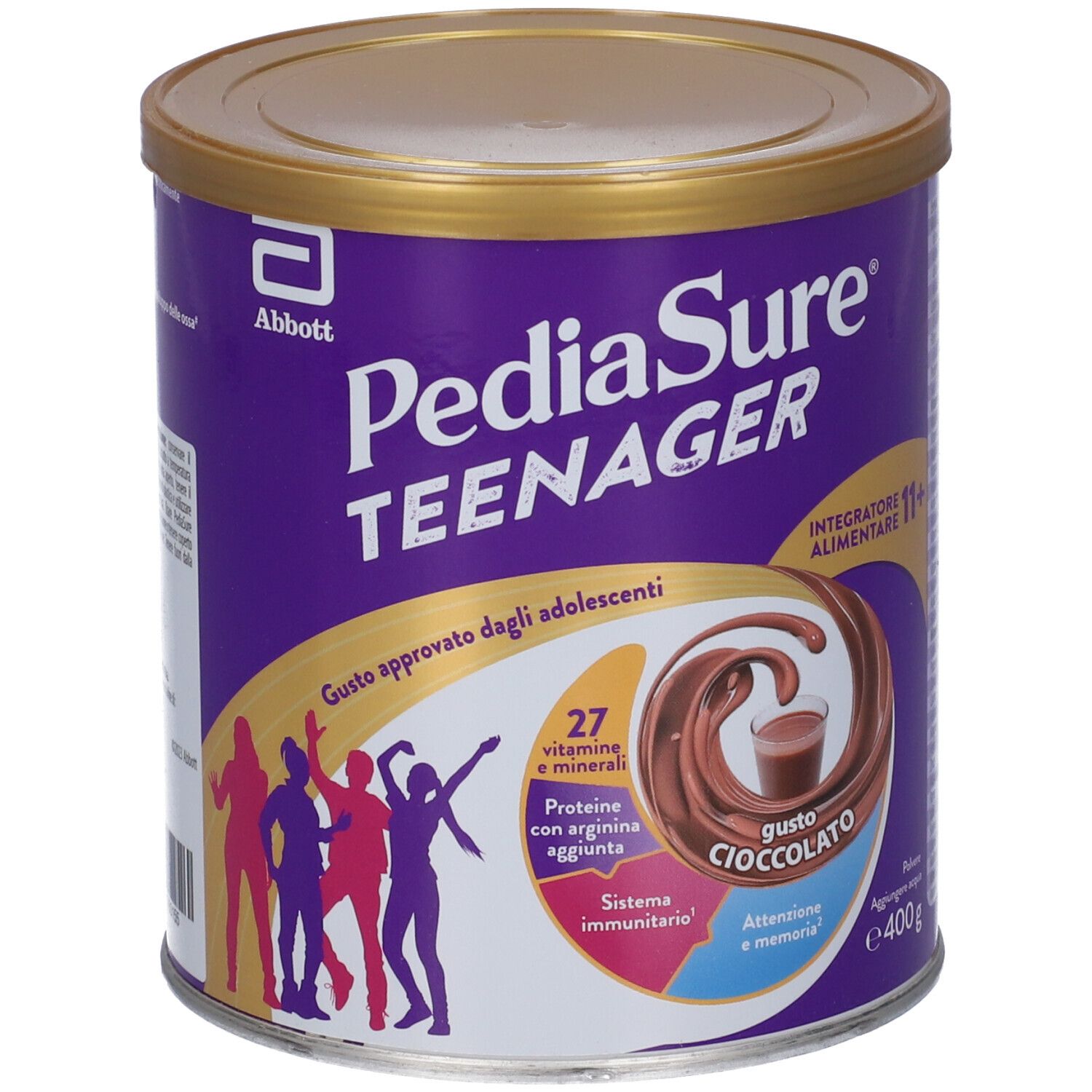 Barattolo viola con coperchio dorato. Scritta: PediaSure Teenager, Gusto Cioccolato. Contiene 27 vitamine e minerali.