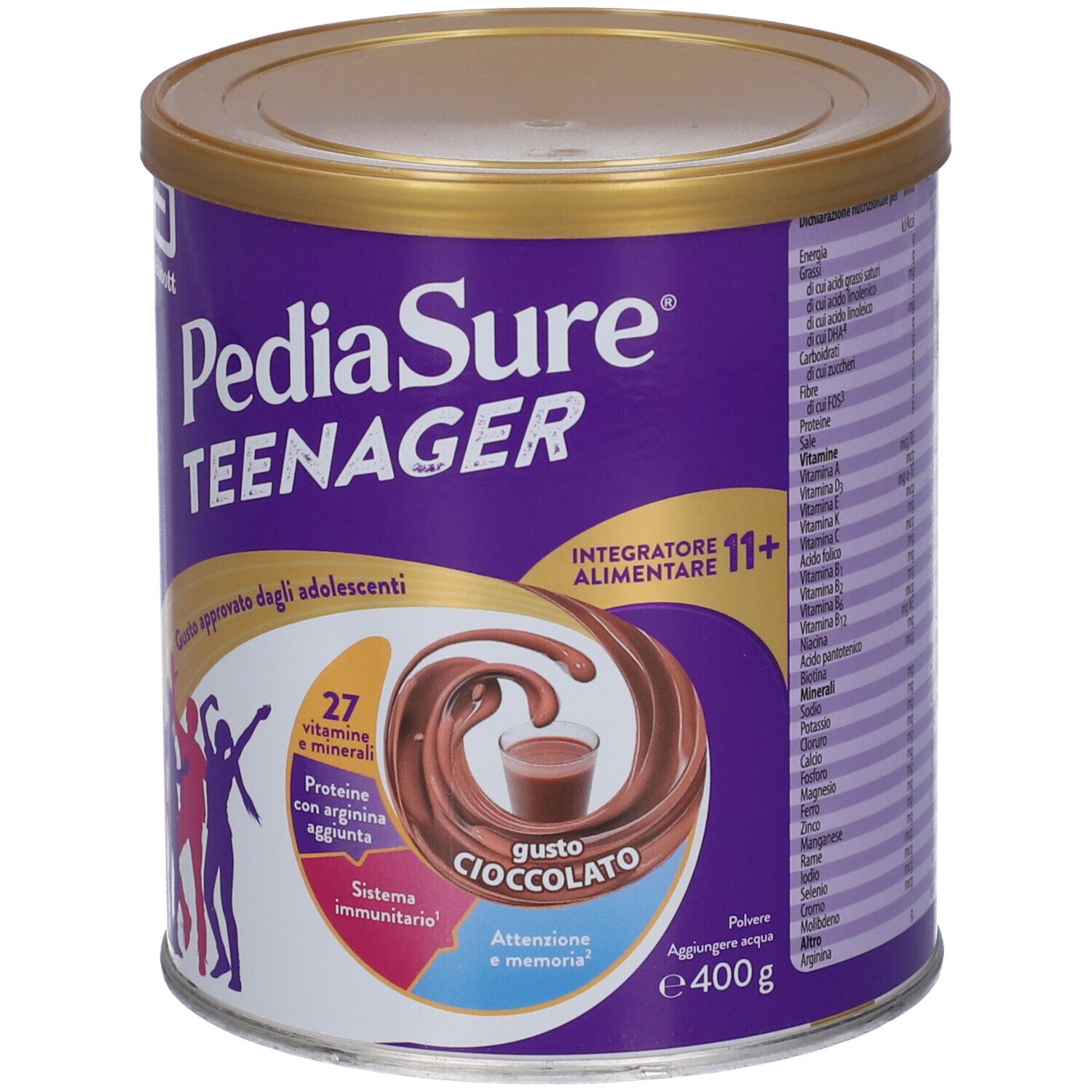 Barattolo viola con coperchio dorato. Scritta: PediaSure Teenager, Gusto Cioccolato. Contiene 27 vitamine e minerali.