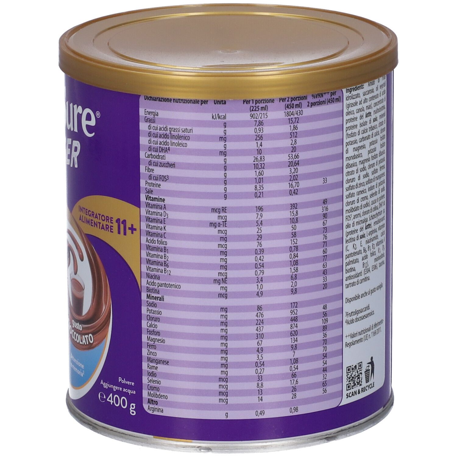 Retro del barattolo. Contiene informazioni nutrizionali e lista ingredienti. Simbolo Scan & Recycle e codice QR.