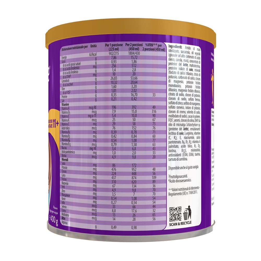 Retro del barattolo. Contiene informazioni nutrizionali e lista ingredienti. Simbolo Scan & Recycle e codice QR.