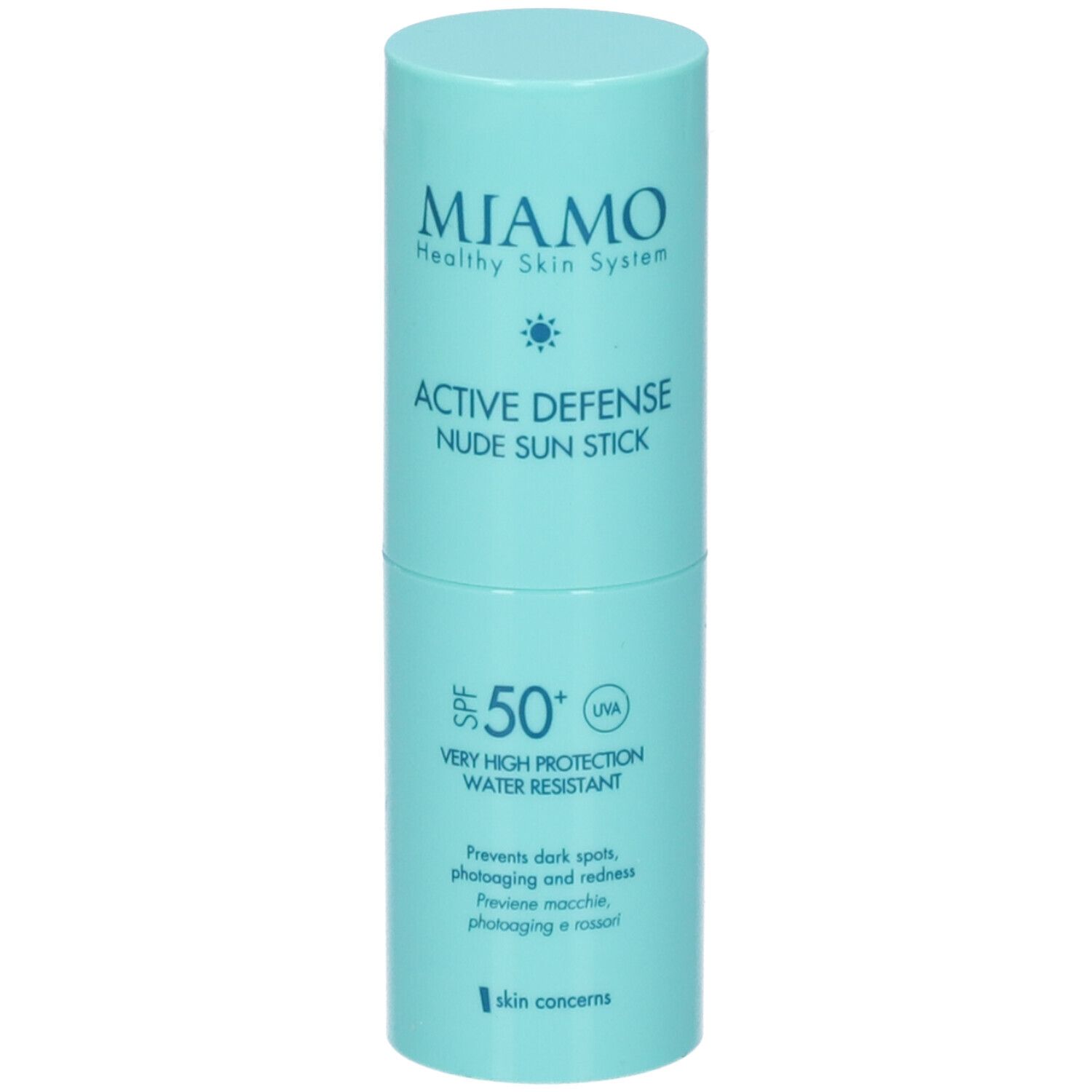 Stick solare cilindrico azzurro. Scritta: Miamo, Active Defense Nude Sun Stick SPF50+. Resistente all'acqua.