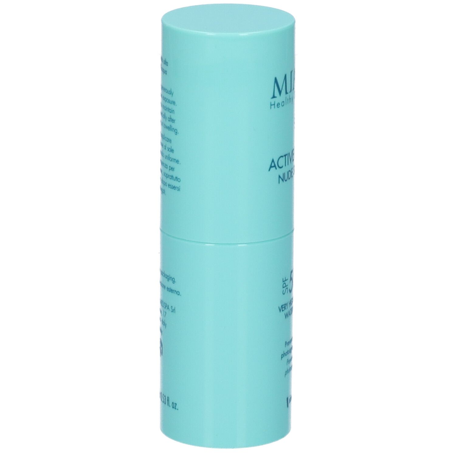 Stick solare cilindrico azzurro. Scritta: Miamo, Active Defense Nude Sun Stick SPF50+. Testo laterale.