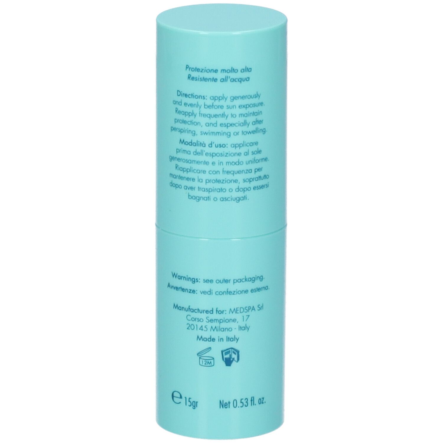 Stick solare cilindrico azzurro. Retro con istruzioni e informazioni produttore. 15g, 0.53 fl. oz.