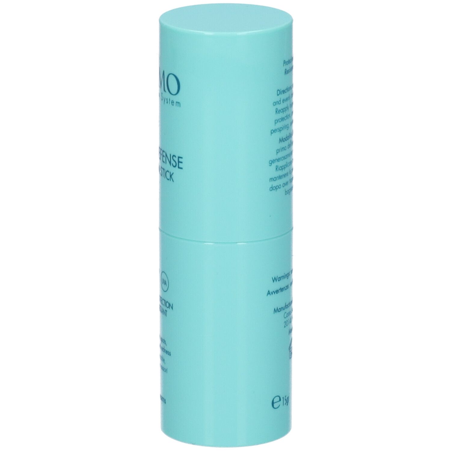 Stick solare cilindrico azzurro. Scritta: Miamo, Active Defense Nude Sun Stick SPF50+. Testo laterale.
