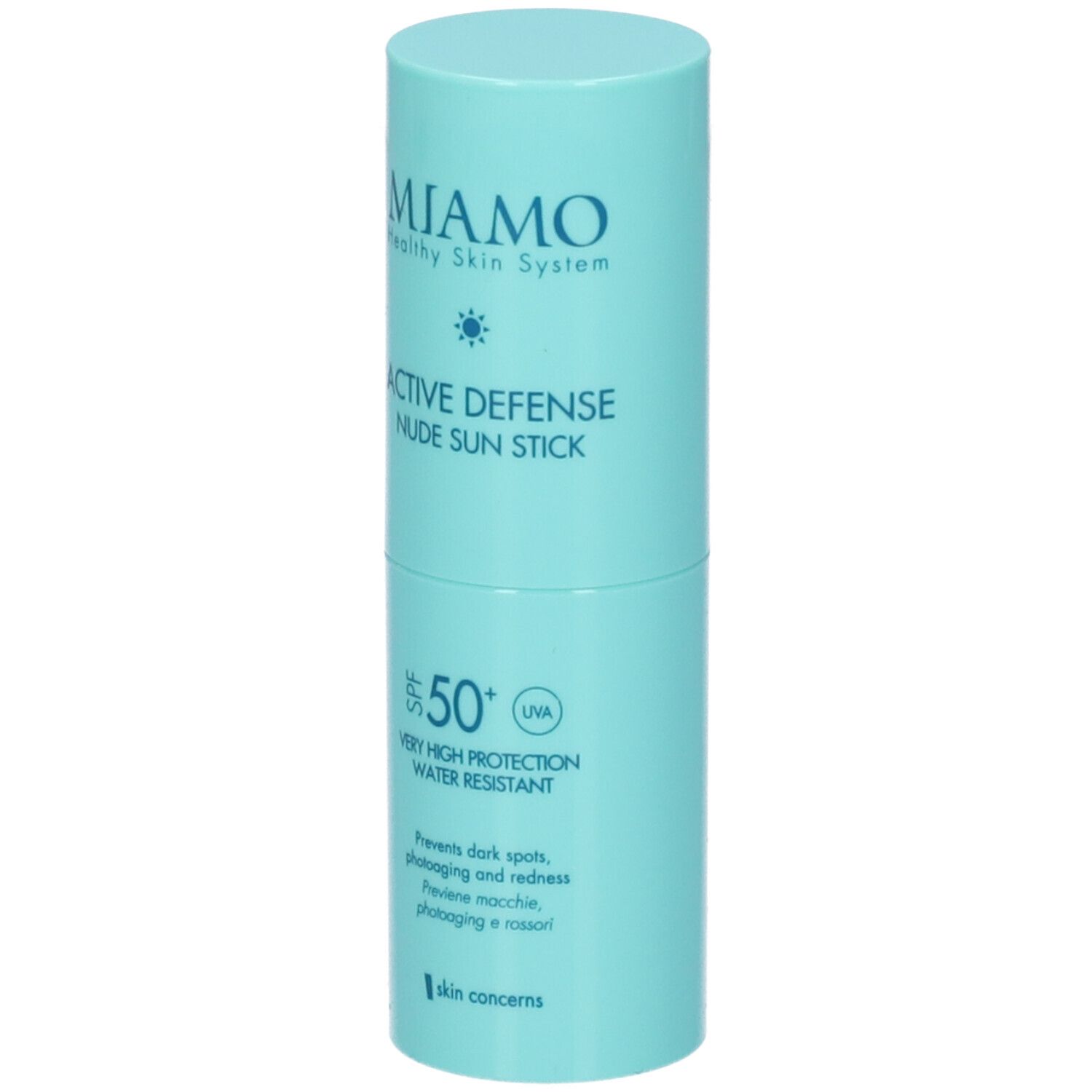 Stick solare cilindrico azzurro. Scritta: Miamo, Active Defense Nude Sun Stick SPF50+. Resistente all'acqua.