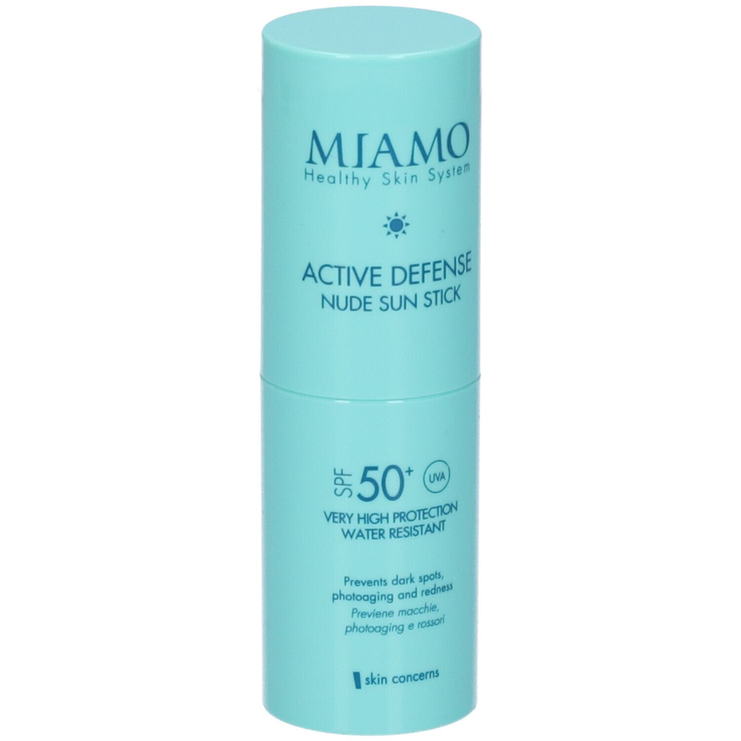 Stick solare cilindrico azzurro. Scritta: Miamo, Active Defense Nude Sun Stick SPF50+. Resistente all'acqua.