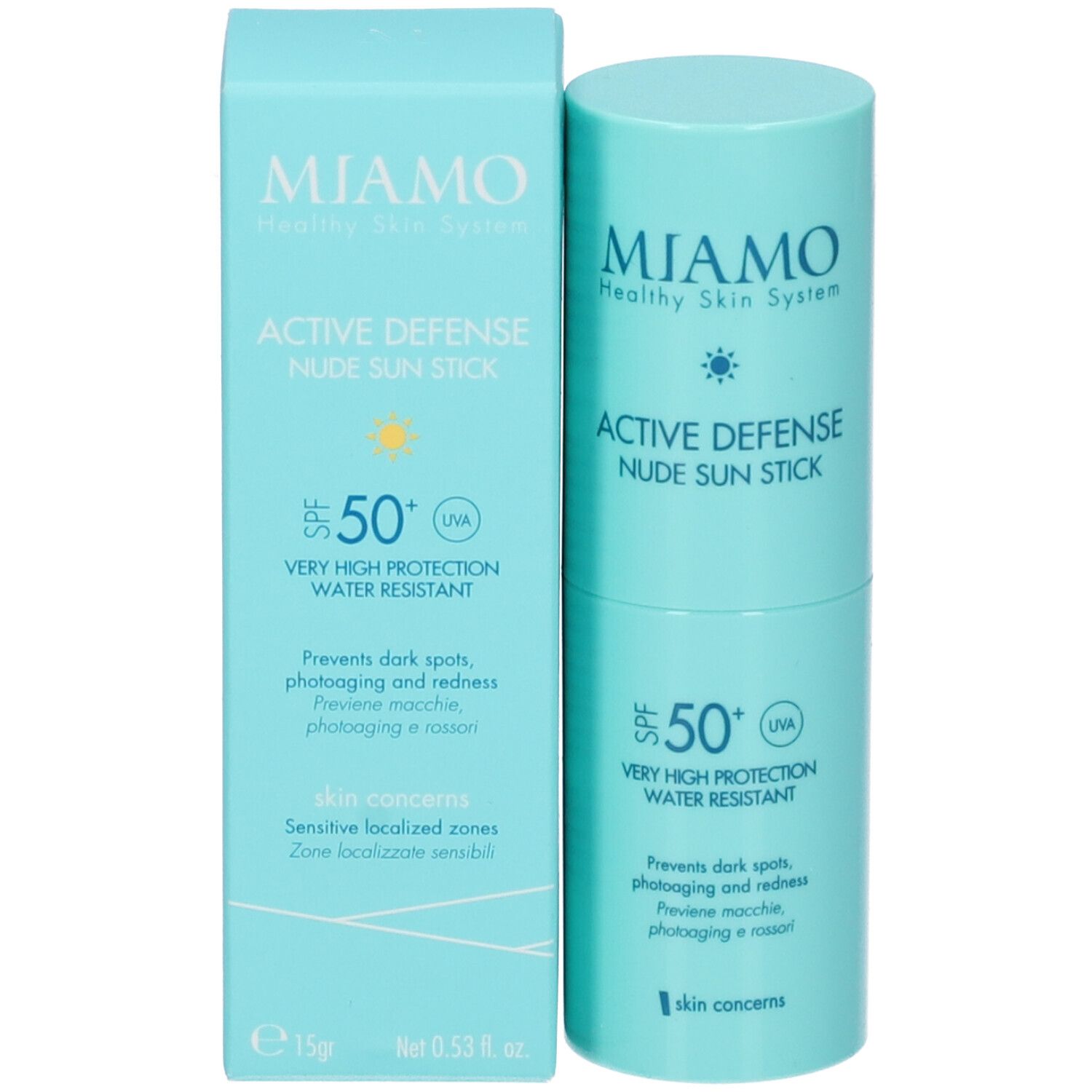 Stick solare azzurro e scatola. Scritta: Miamo, Active Defense Nude Sun Stick SPF50+. 15g, 0.53 fl. oz.