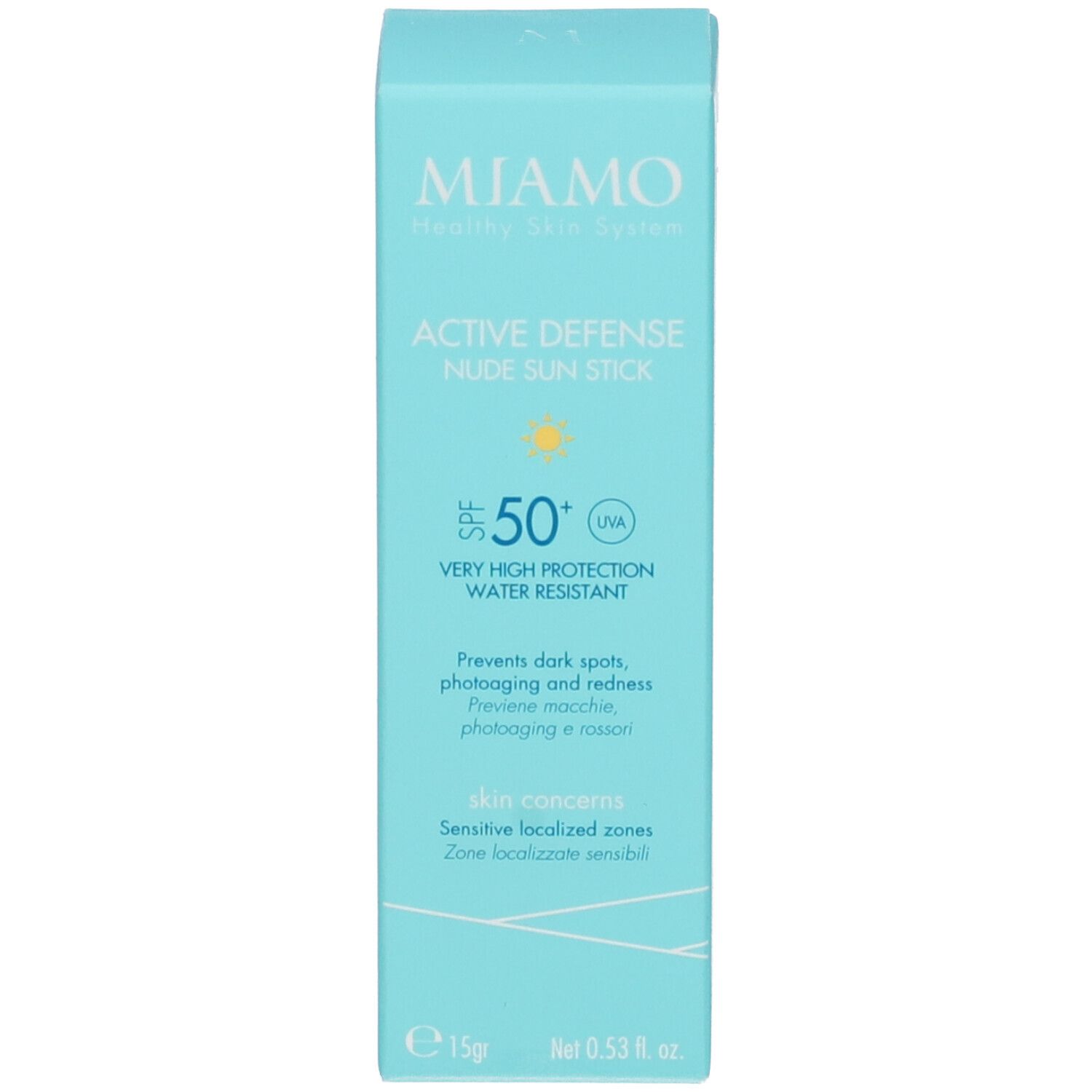 Scatola azzurra. Scritta: Miamo, Active Defense Nude Sun Stick SPF50+. 15g, 0.53 fl. oz.