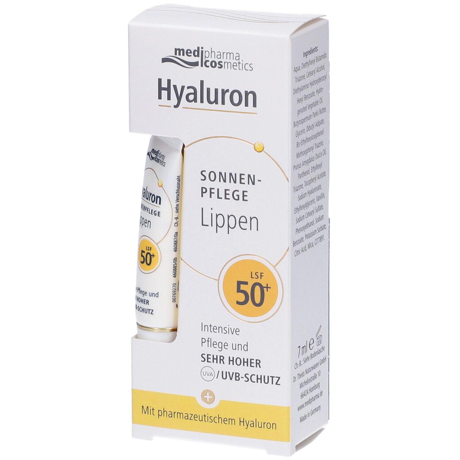 Protezione labbra in confezione bianca. Nome del prodotto e SPF 50+ visibili. Con acido ialuronico farmaceutico.