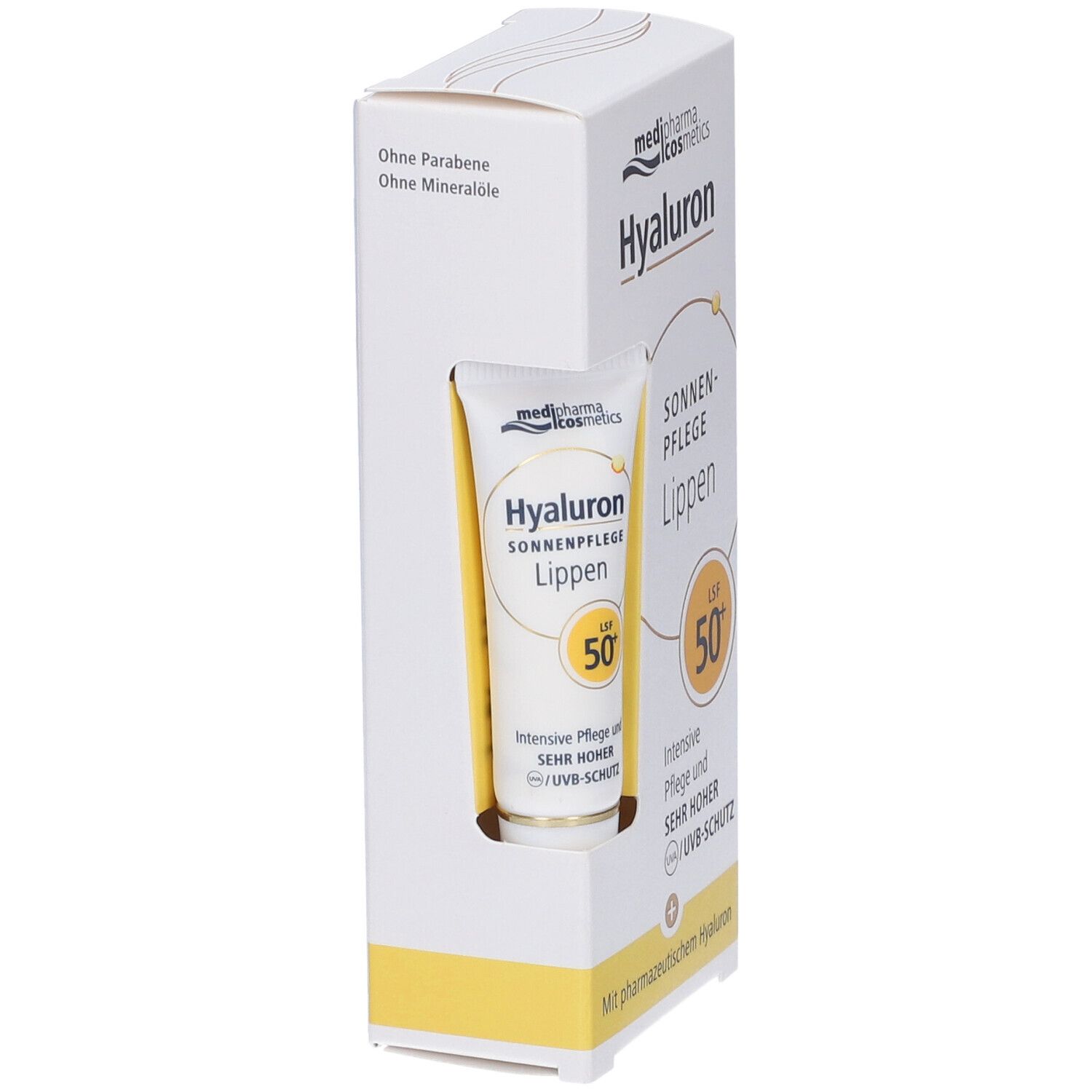 Protezione labbra in confezione bianca. Nome del prodotto e SPF 50+ visibili. Senza parabeni e oli minerali.